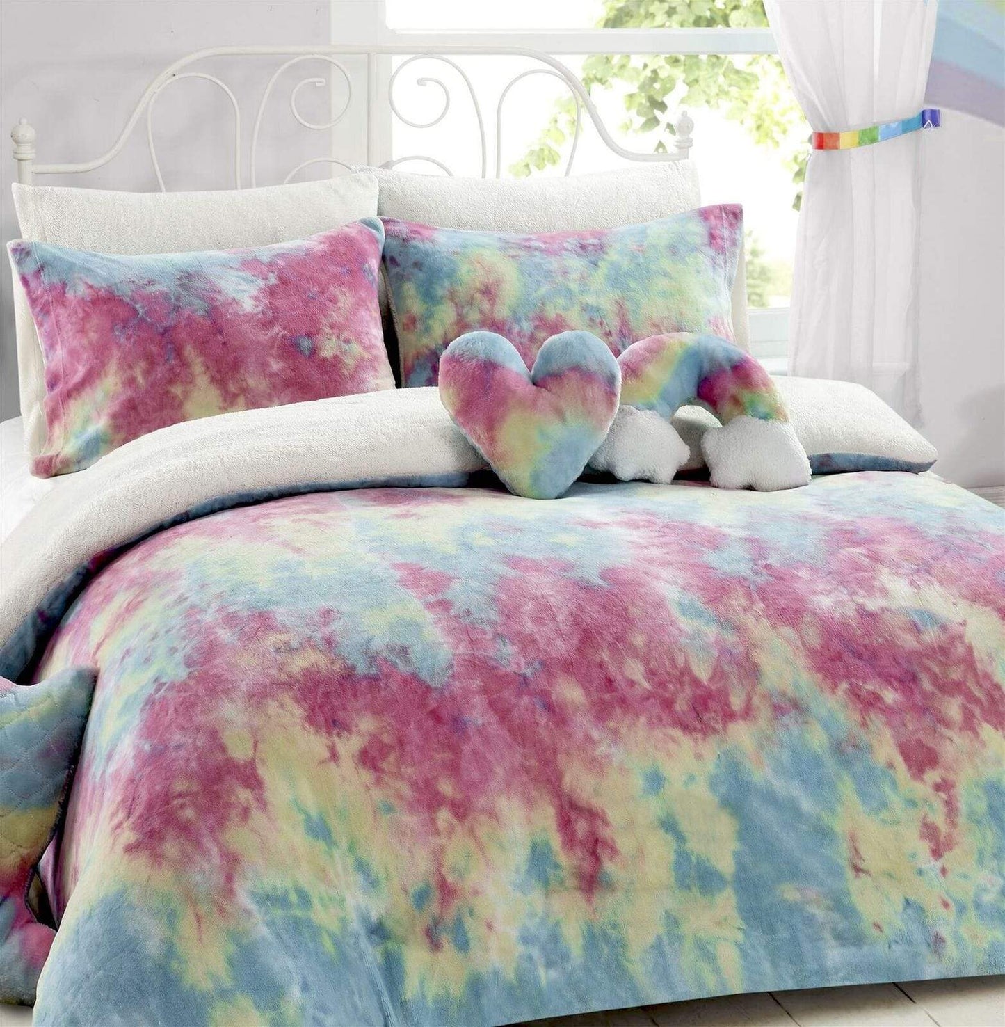 OLIVIA ROCCO Tie Dye Rainbow Teddy Fleece Duvet Set for Kids Reversible Bedding for a Hotel-Style Bedroom Refresh