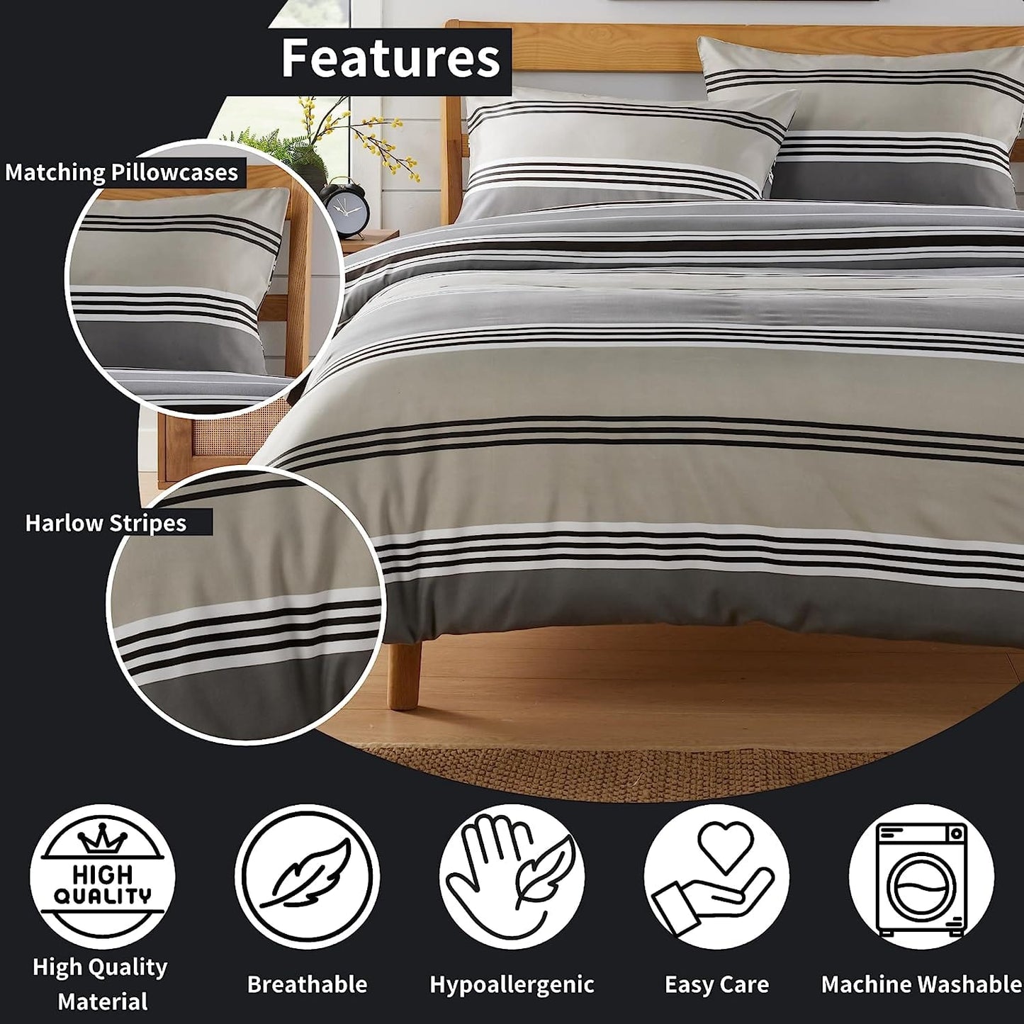 OLIVIA ROCCO Harlow Stripes Grey Reversible Quilted Duvet Cover Set With Button Closure