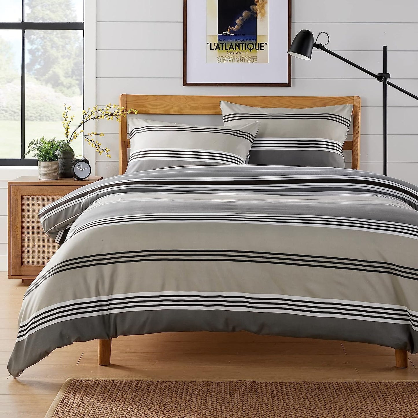 OLIVIA ROCCO Harlow Stripes Grey Reversible Quilted Duvet Cover Set With Button Closure