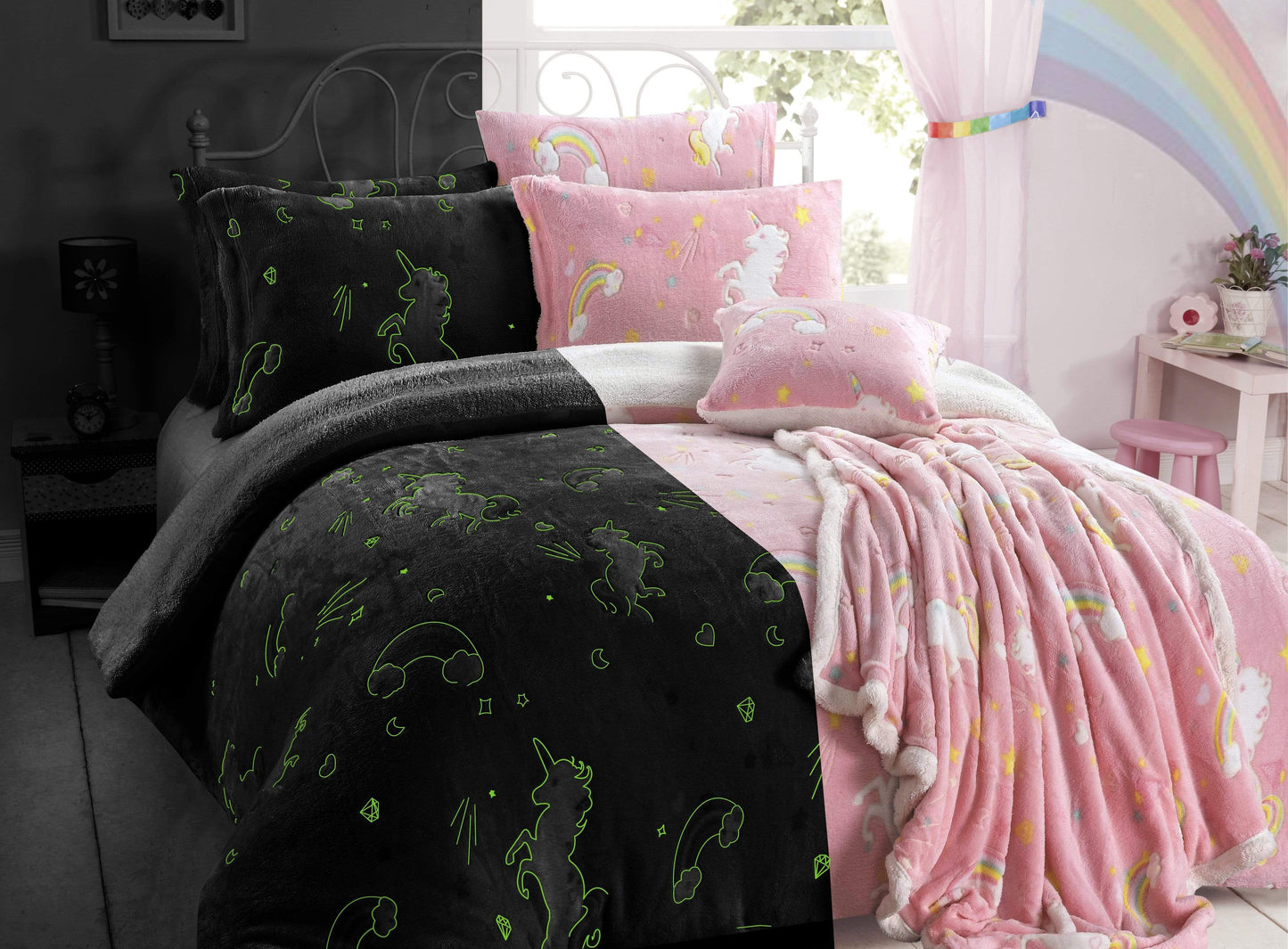 OLIVIA ROCCO Rainbow Unicorn Glow In The Dark Teddy Fleece Duvet Set For Kids Super Soft