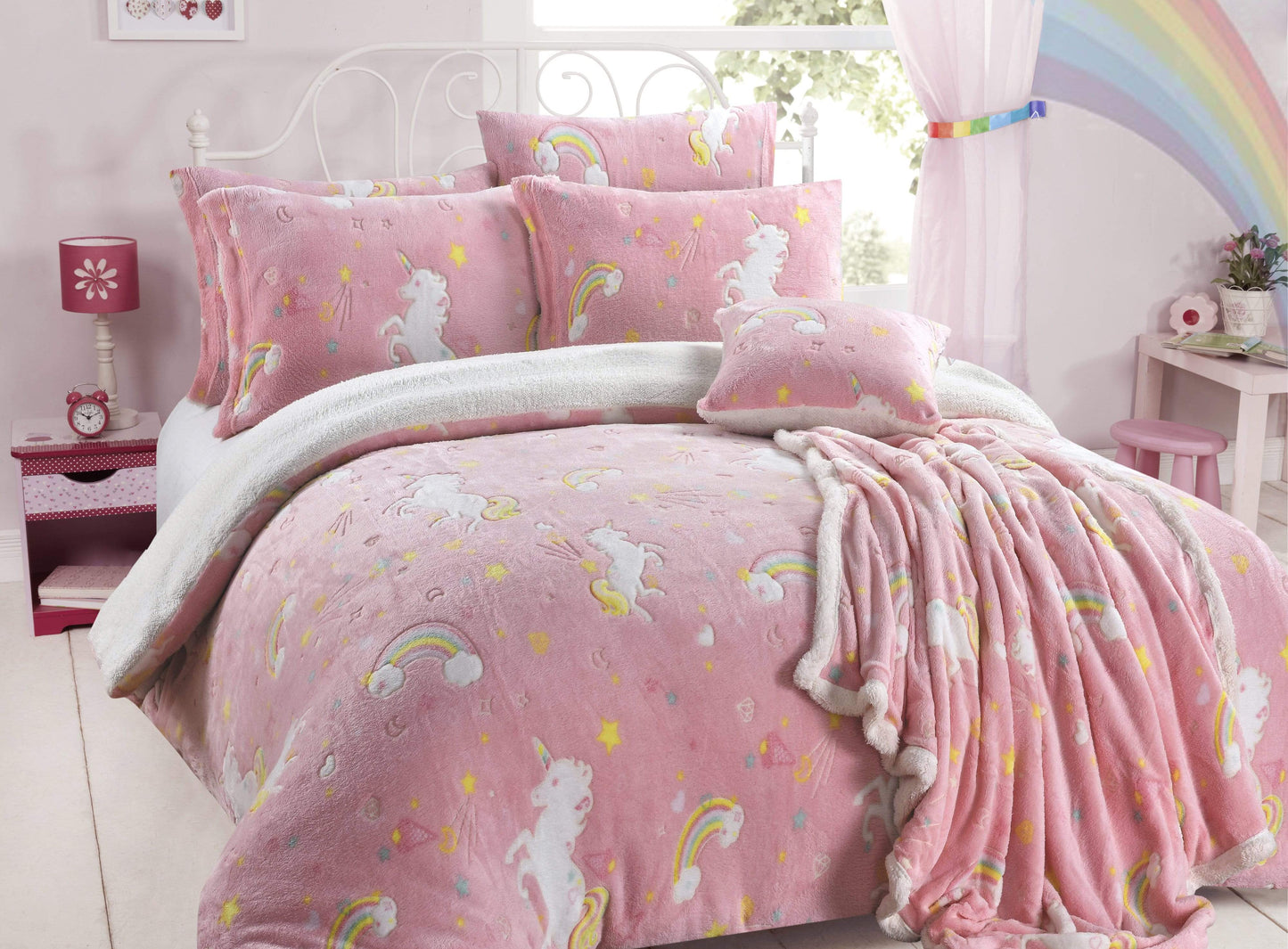 OLIVIA ROCCO Rainbow Unicorn Glow In The Dark Teddy Fleece Duvet Set For Kids Super Soft