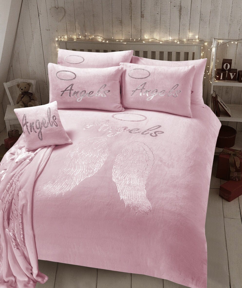 OLIVIA ROCCO Angel Wings Teddy Fleece Duvet Set Pink White Grey Super Soft Faux Fur