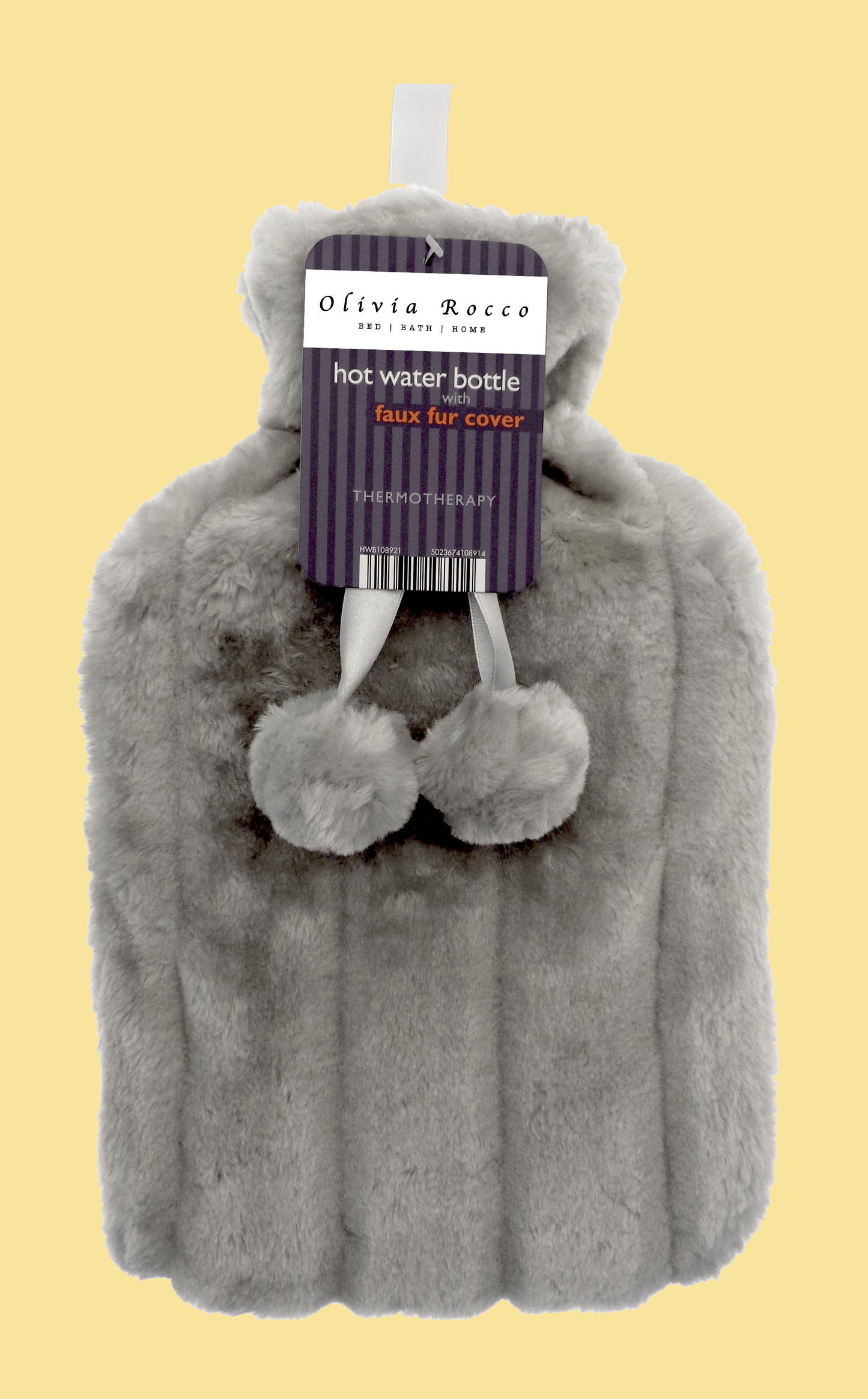 OLIVIA ROCCO Hot Water Bottle 2L With Faux Fur Pom Pom Cover Soft Plush Natural Rubber UK
