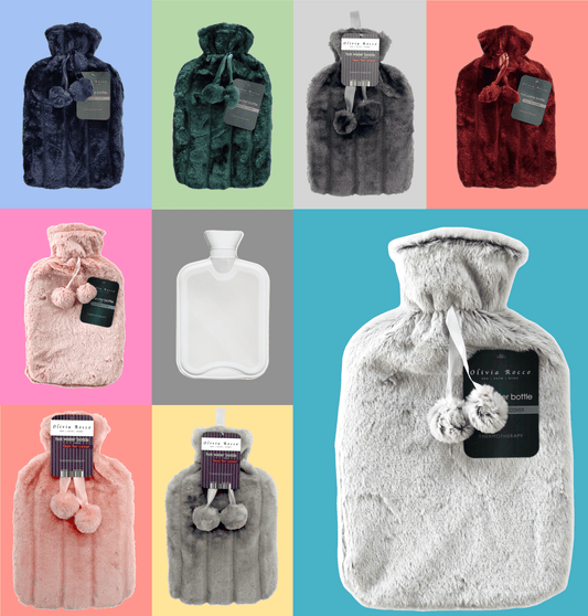 OLIVIA ROCCO Hot Water Bottle 2L With Faux Fur Pom Pom Cover Soft Plush Natural Rubber UK