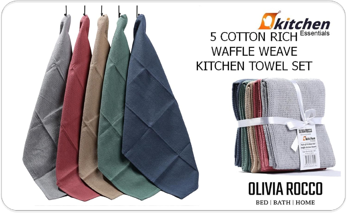 OLIVIA ROCCO 5 Pack Ultra Absorbent Waffle Kitchen Tea Towels Soft Cotton Assorted