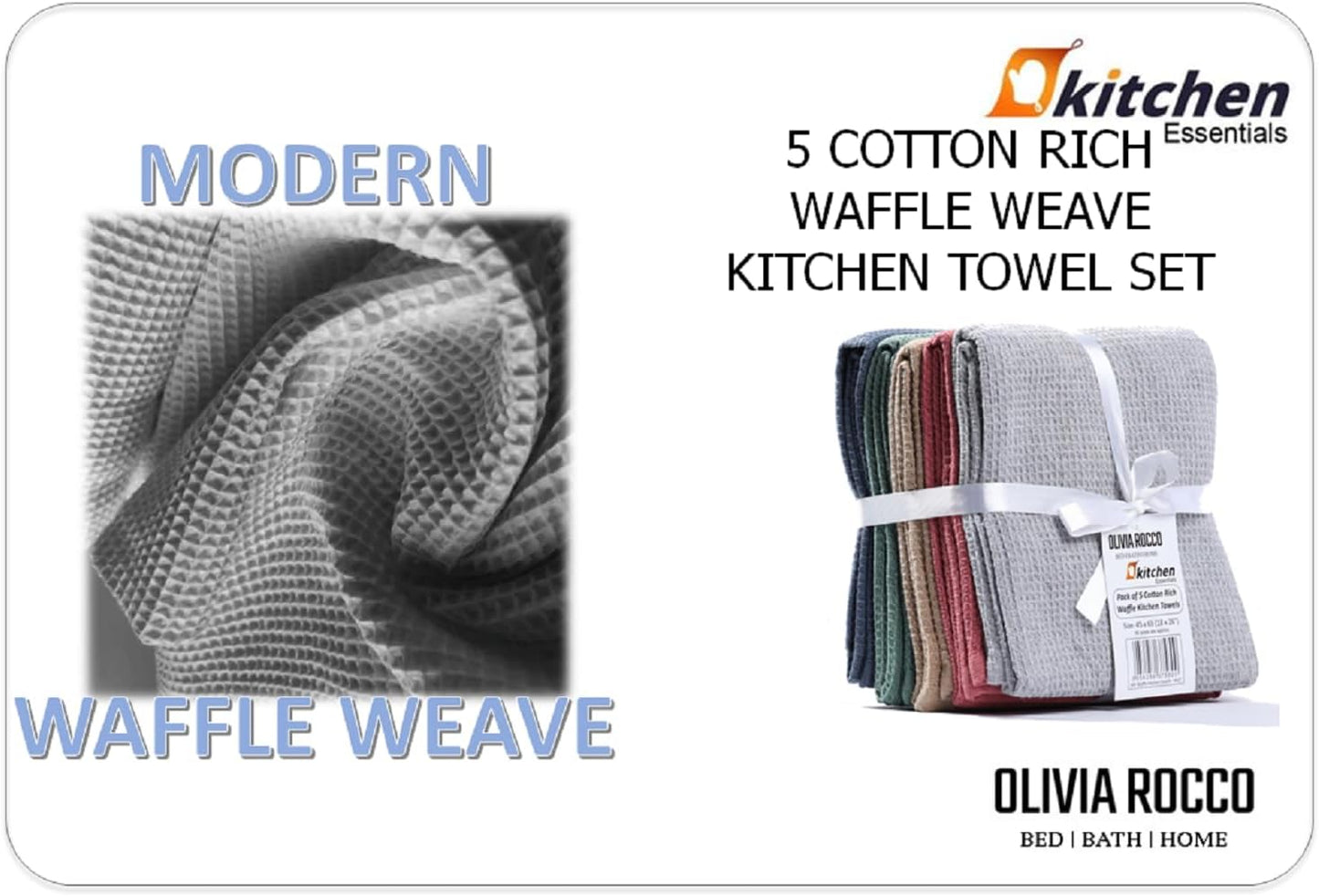 OLIVIA ROCCO 5 Pack Ultra Absorbent Waffle Kitchen Tea Towels Soft Cotton Assorted