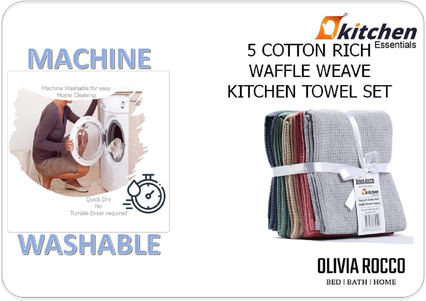 OLIVIA ROCCO 5 Pack Ultra Absorbent Waffle Kitchen Tea Towels Soft Cotton Assorted
