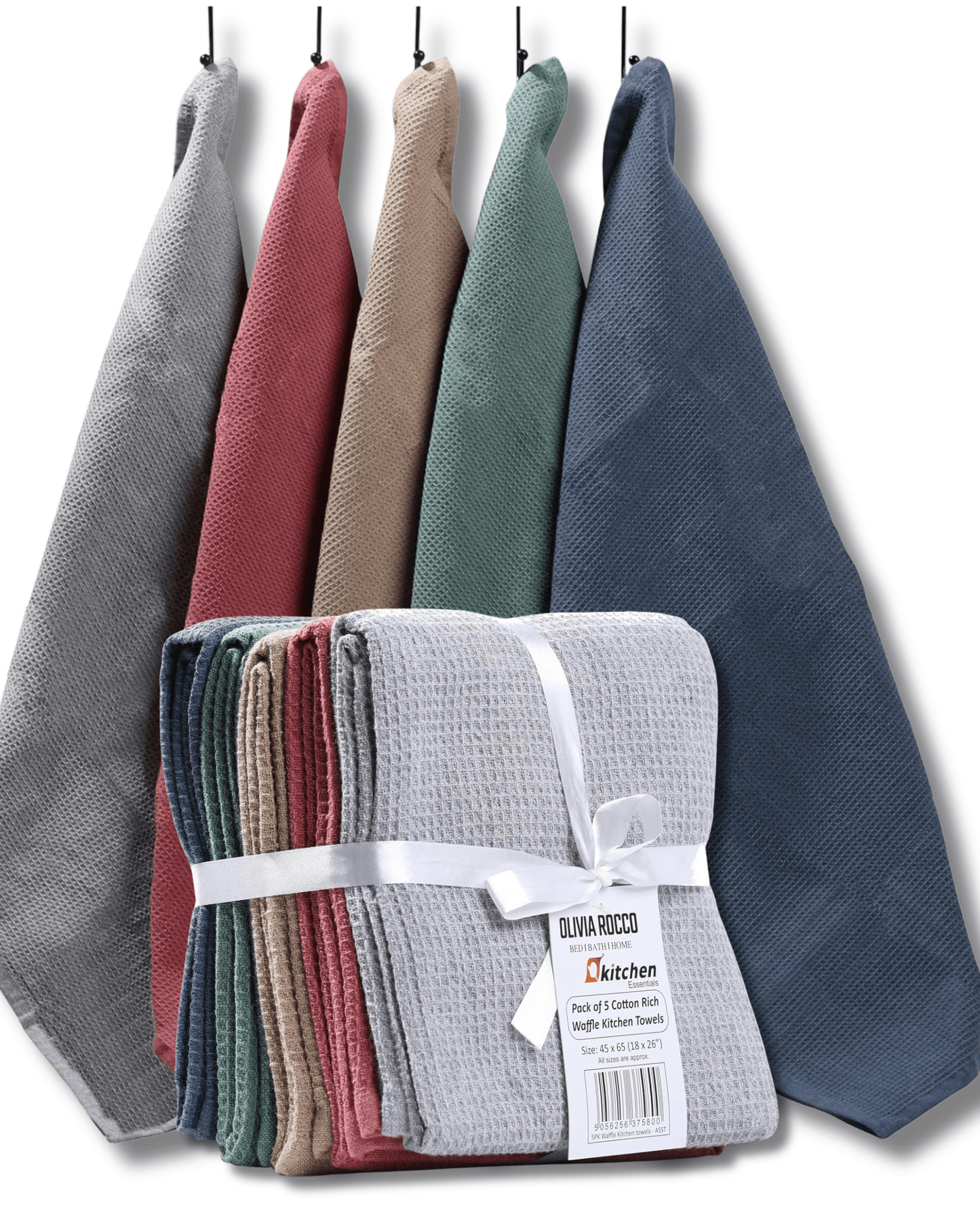 OLIVIA ROCCO 5 Pack Ultra Absorbent Waffle Kitchen Tea Towels Soft Cotton Assorted