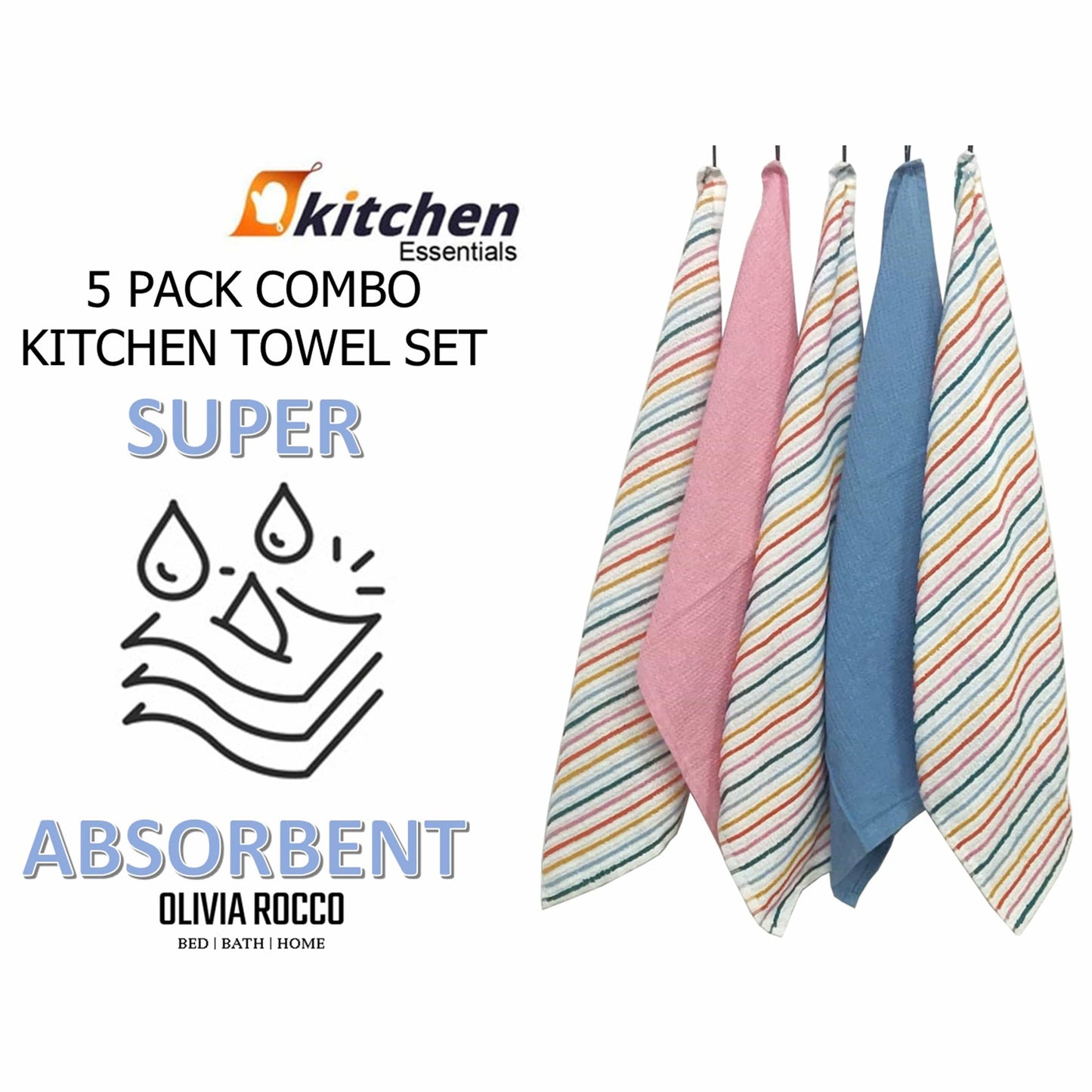 OLIVIA ROCCO 5 Pack Cotton Kitchen Tea Towels Striped Ribbed Waffle 45cm x 65cm Quick Dry