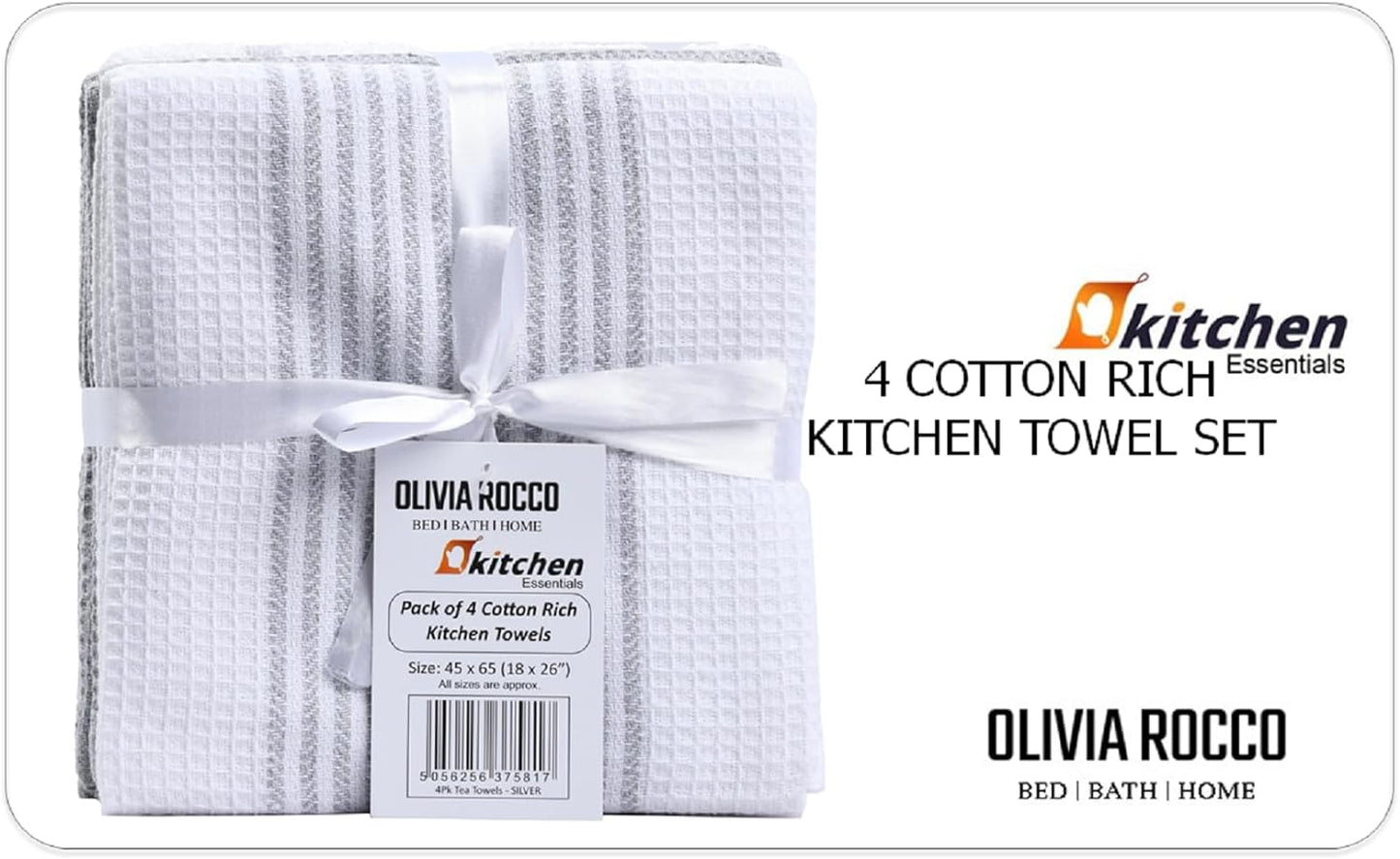 OLIVIA ROCCO Pack Of 4 Green Cotton Tea Towels 65x45 Cm High Absorbency Durable Super Soft Easy-Care Home Essential