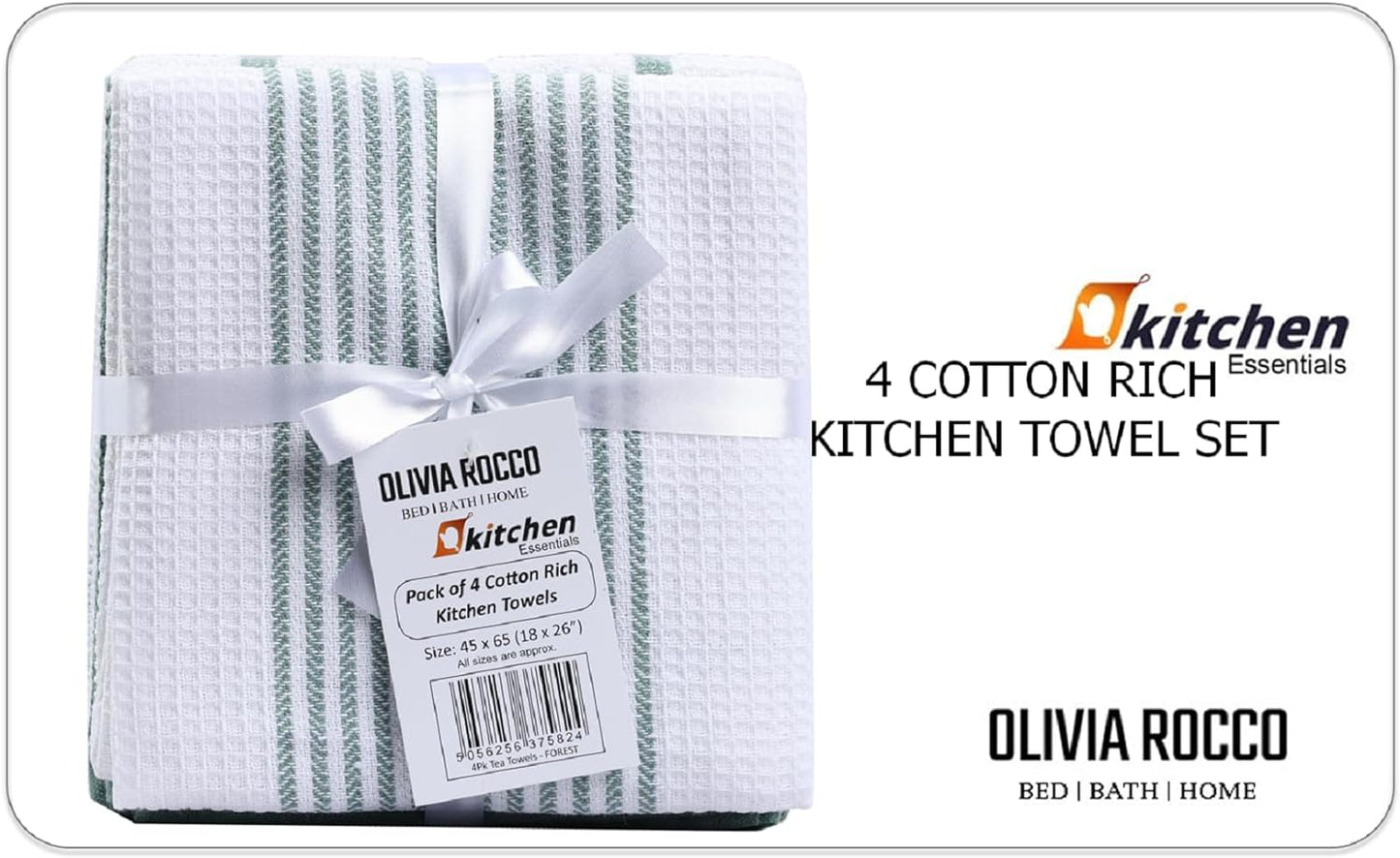 OLIVIA ROCCO Pack Of 4 Green Cotton Tea Towels 65x45 Cm High Absorbency Durable Super Soft Easy-Care Home Essential