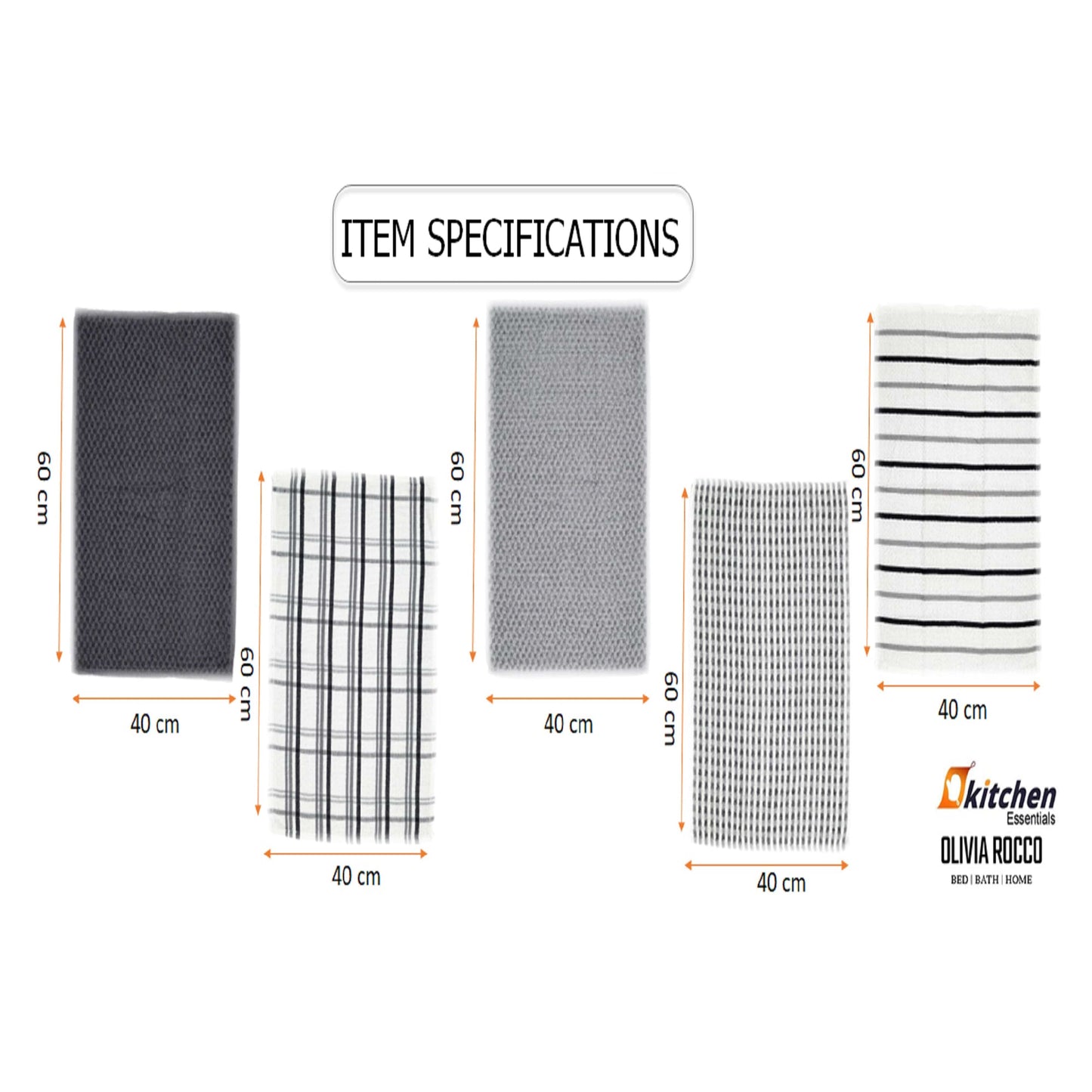 OLIVIA ROCCO 5 Pack Cotton Terry Kitchen Towels 45x65cm Super Absorbent Quick Drying