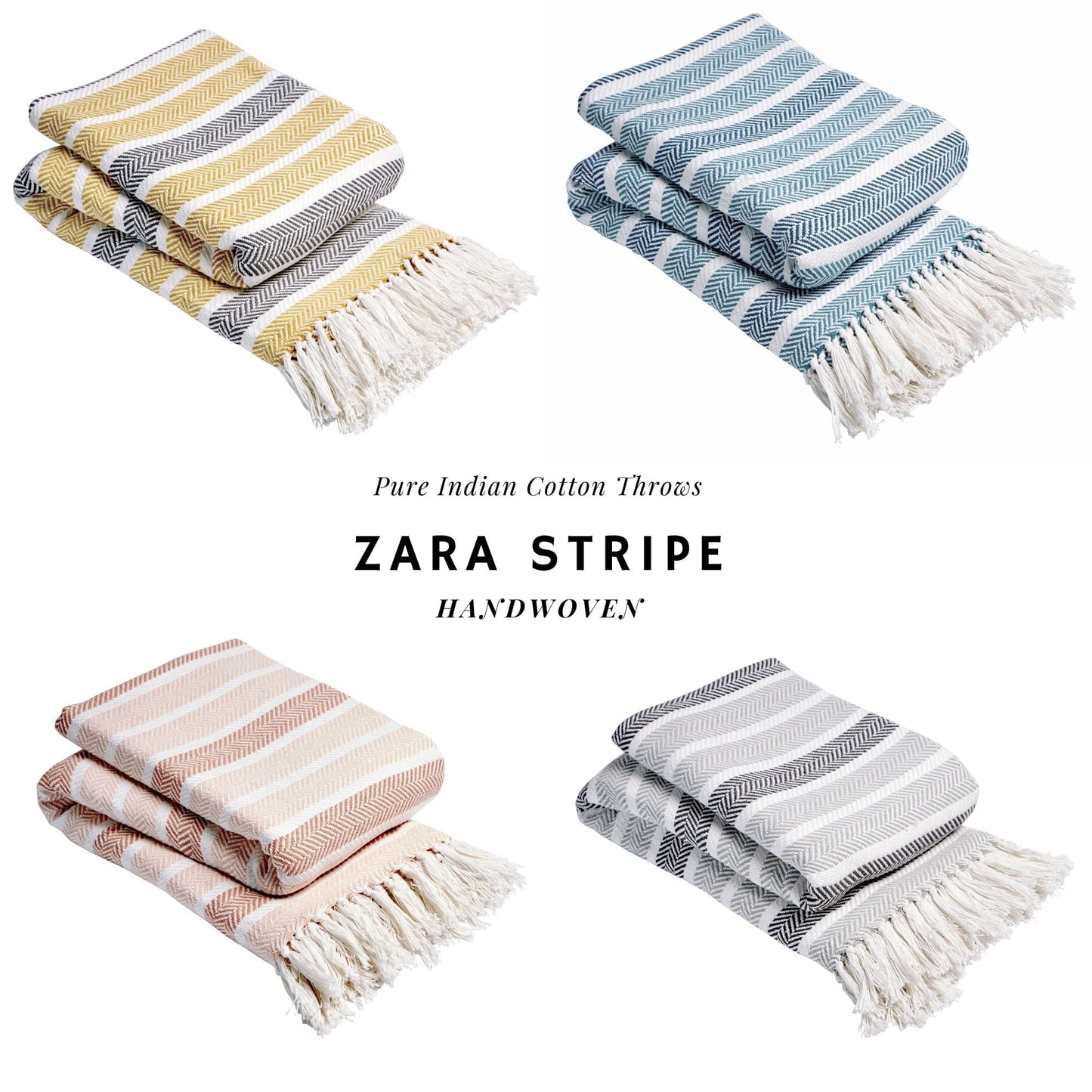 OLIVIA ROCCO Zara Striped Handwoven Pure Cotton Throw Blanket With Tassels Eco Friendly