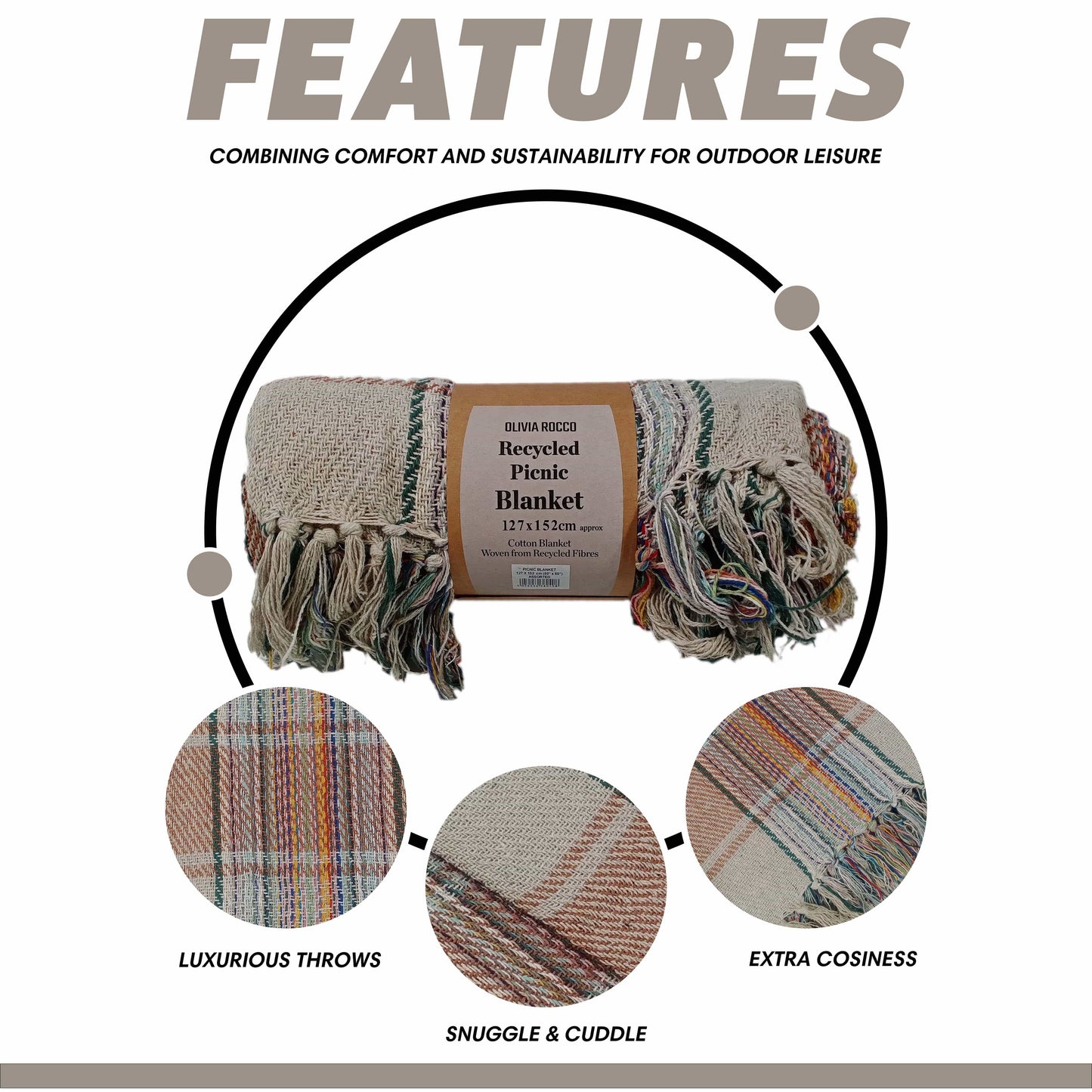 OLIVIA ROCCO Eco Friendly Recycled Cotton Picnic Blanket 130 x 150 cm Check Stripe Design