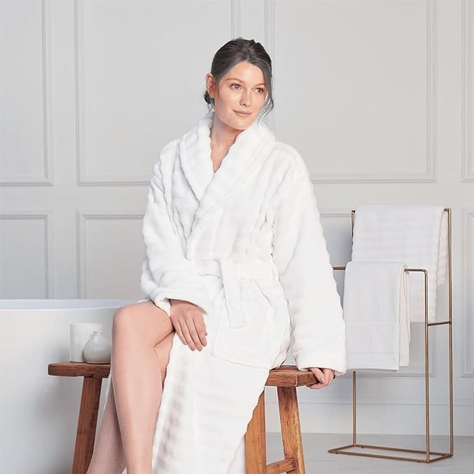 OLIVIA ROCCO Hydro Ribbed Ultra Soft 100% Cotton Hooded Bath Robe With Pockets And Belt