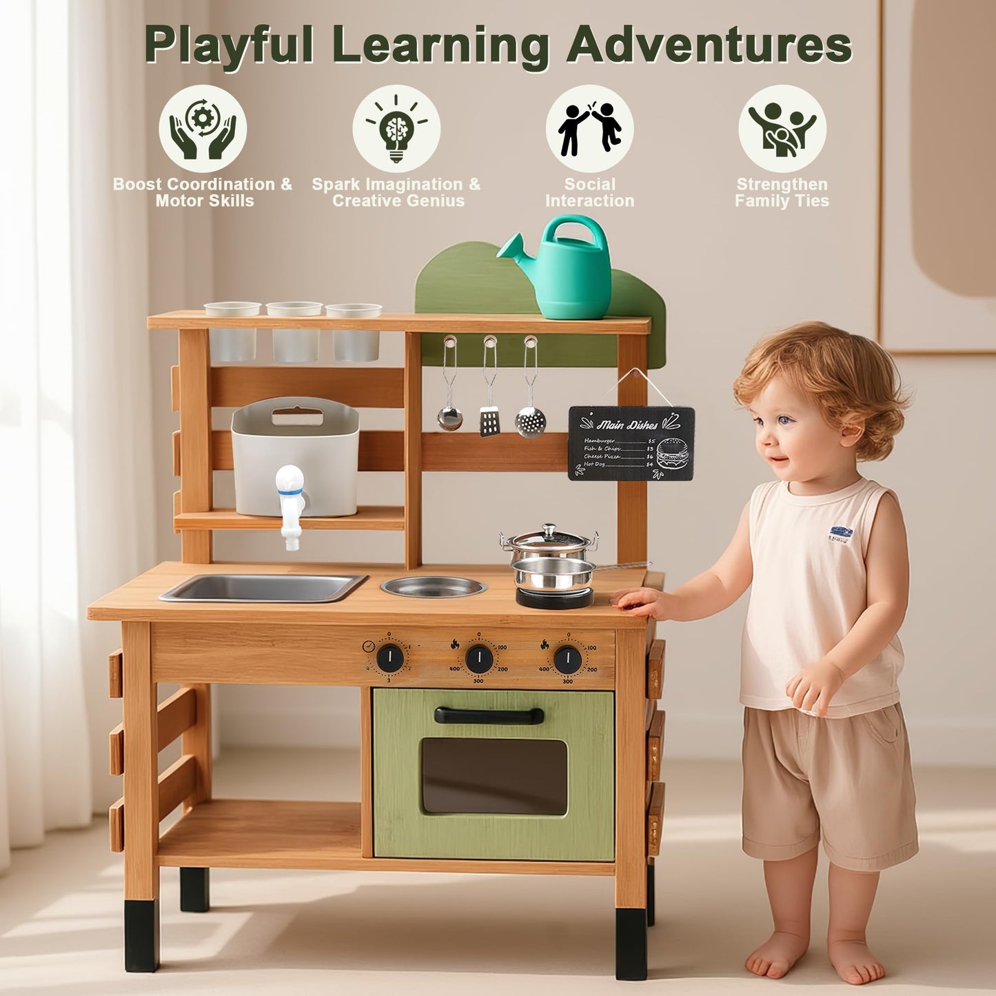 OLLIKIVI Outdoor Play Kitchen for Kids | Wooden Mud Kitchen with Removable Sink & Chalkboard