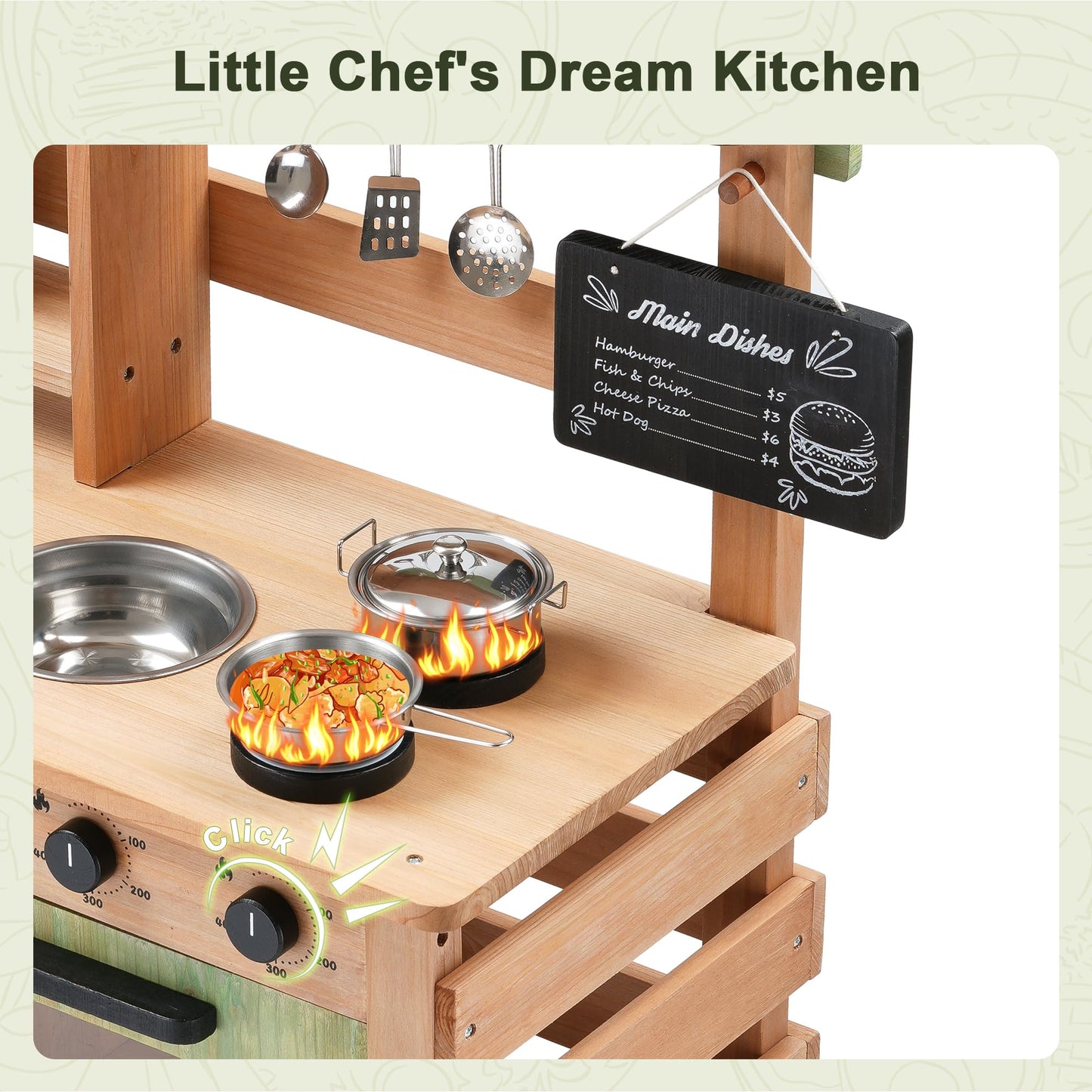 OLLIKIVI Outdoor Play Kitchen for Kids | Wooden Mud Kitchen with Removable Sink & Chalkboard