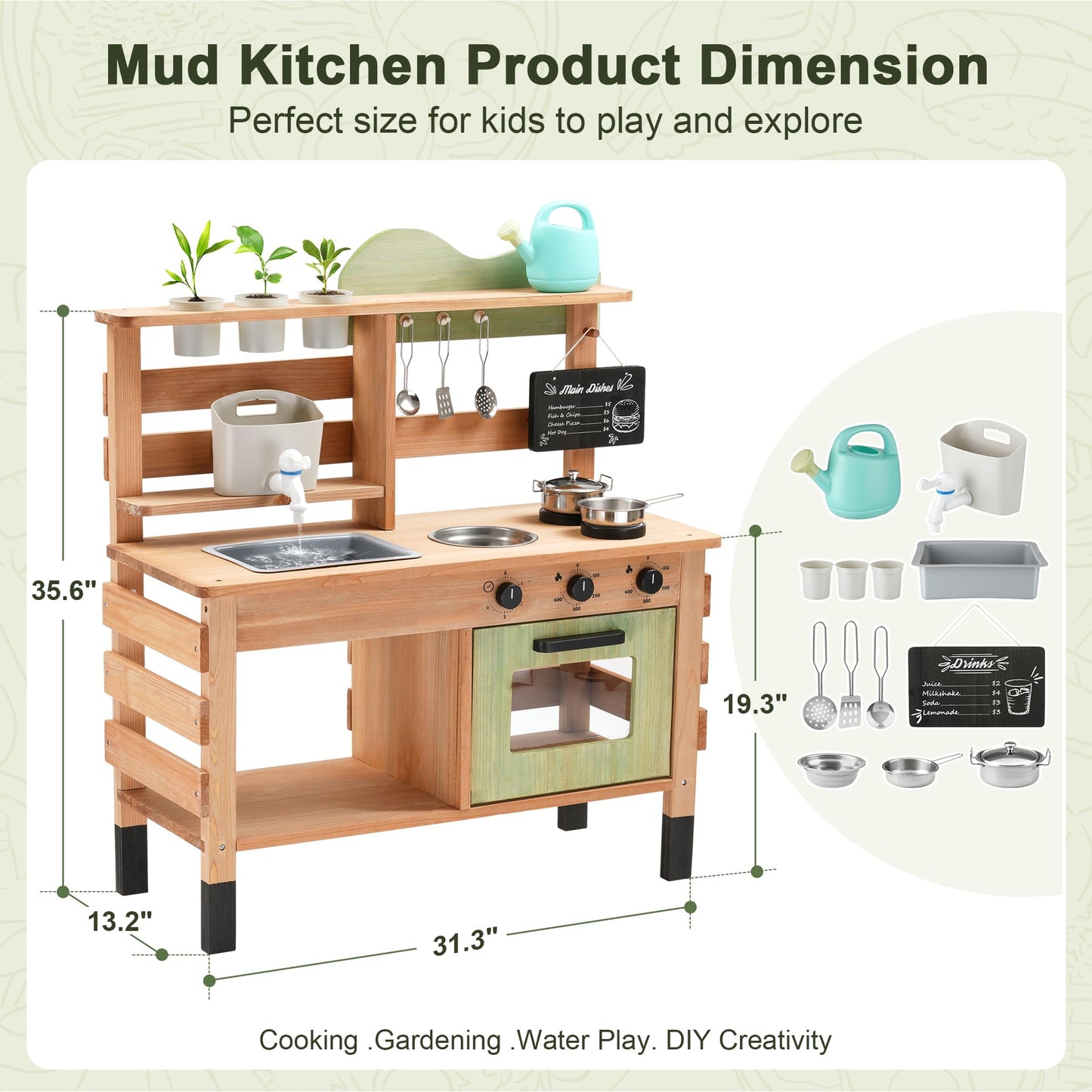 OLLIKIVI Outdoor Play Kitchen for Kids | Wooden Mud Kitchen with Removable Sink & Chalkboard