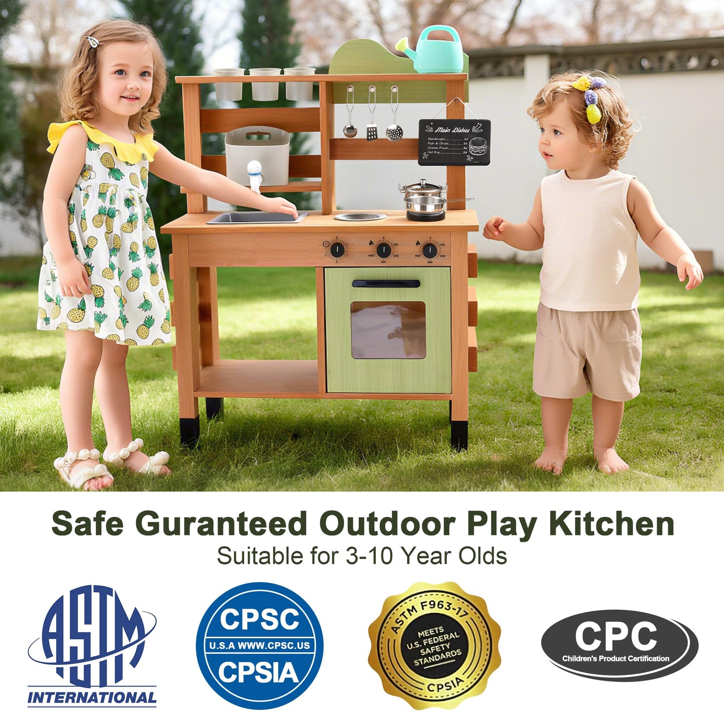 OLLIKIVI Outdoor Play Kitchen for Kids | Wooden Mud Kitchen with Removable Sink & Chalkboard