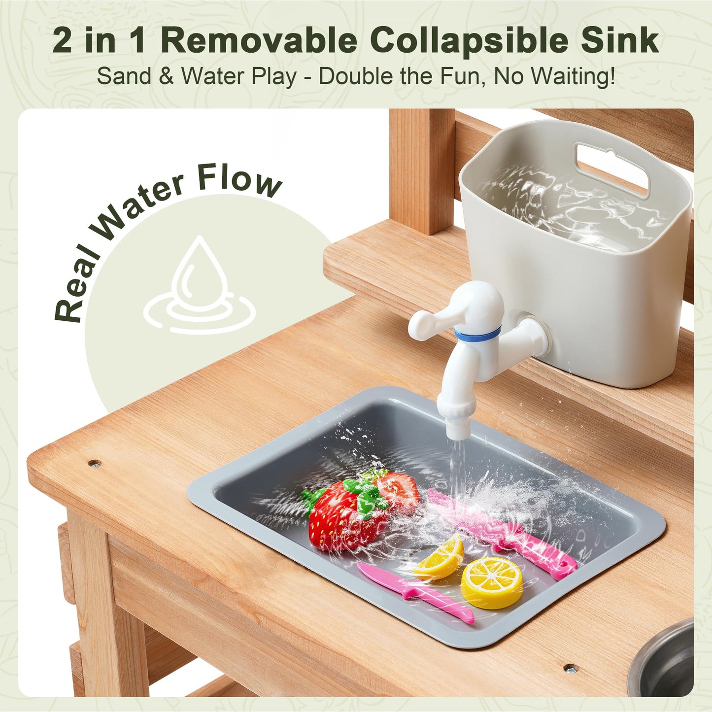 OLLIKIVI Outdoor Play Kitchen for Kids | Wooden Mud Kitchen with Removable Sink & Chalkboard