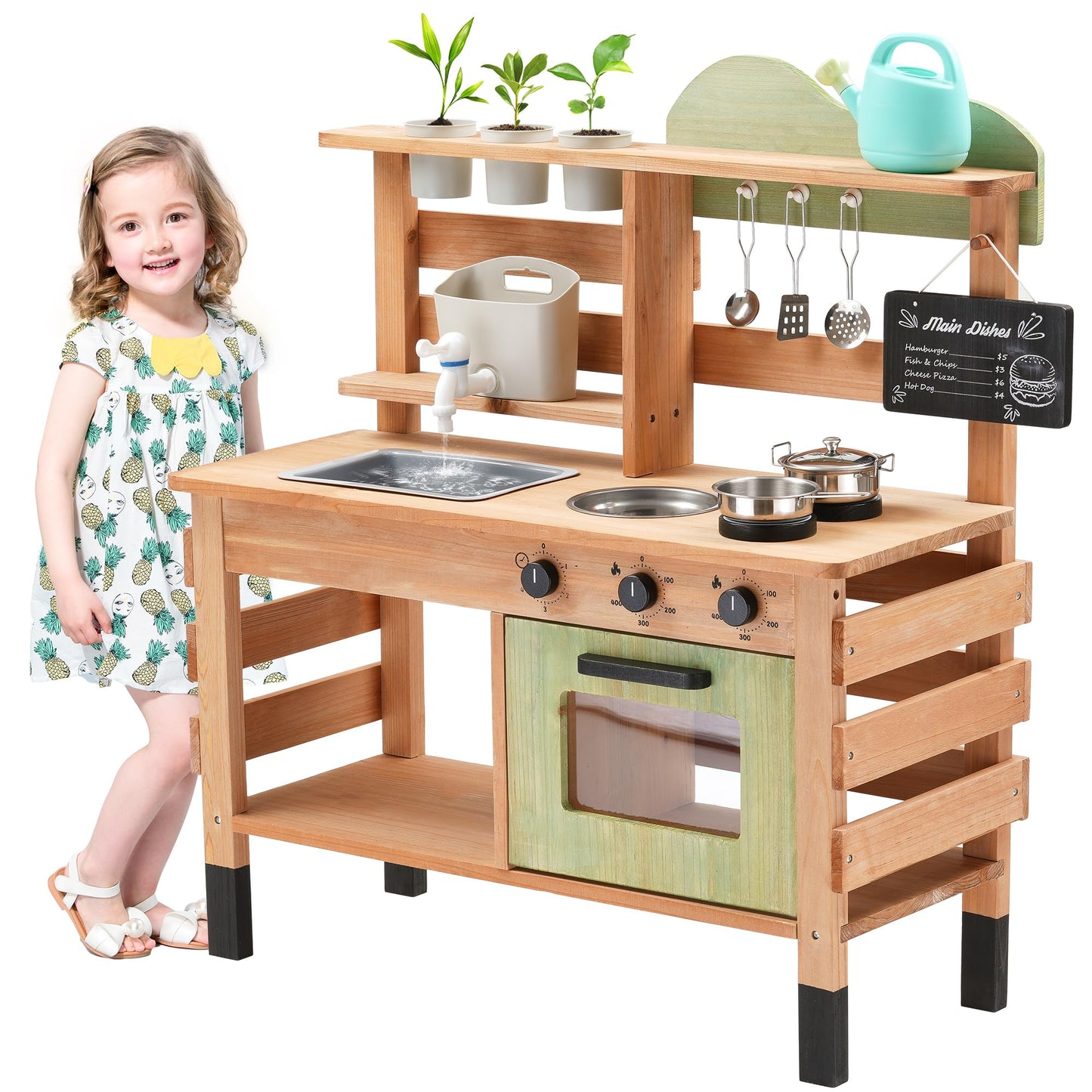 OLLIKIVI Outdoor Play Kitchen for Kids | Wooden Mud Kitchen with Removable Sink & Chalkboard