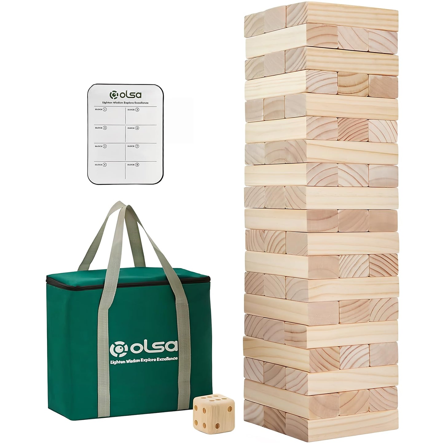 Olsa Giant Tumble Tower 57pcs Wooden Block Game - Indoor & Outdoor Family Fun (Up to 4.2 ft)