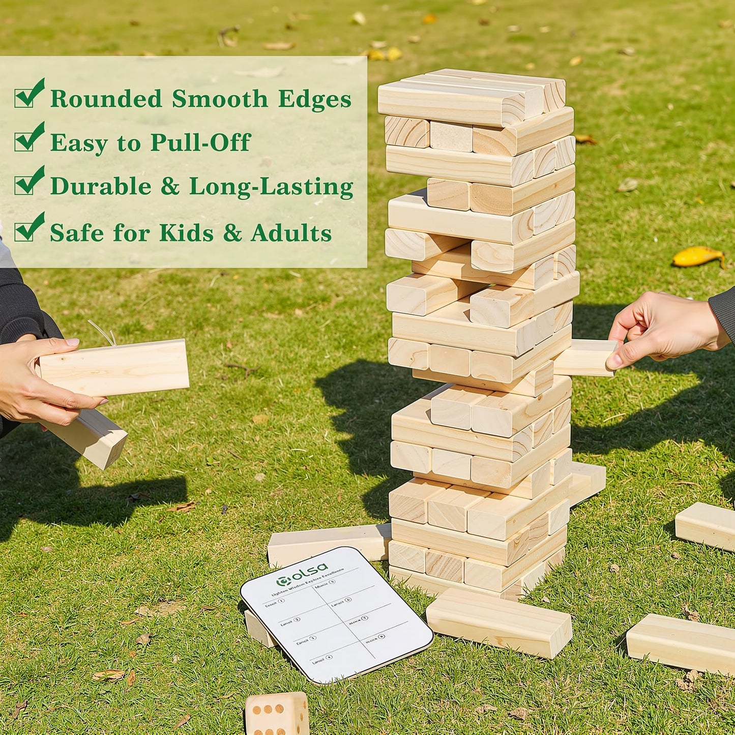 Olsa Giant Tumble Tower 57pcs Wooden Block Game - Indoor & Outdoor Family Fun (Up to 4.2 ft)