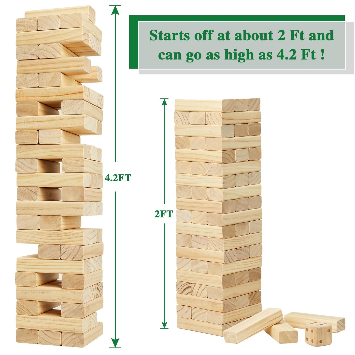 Olsa Giant Tumble Tower 57pcs Wooden Block Game - Indoor & Outdoor Family Fun (Up to 4.2 ft)
