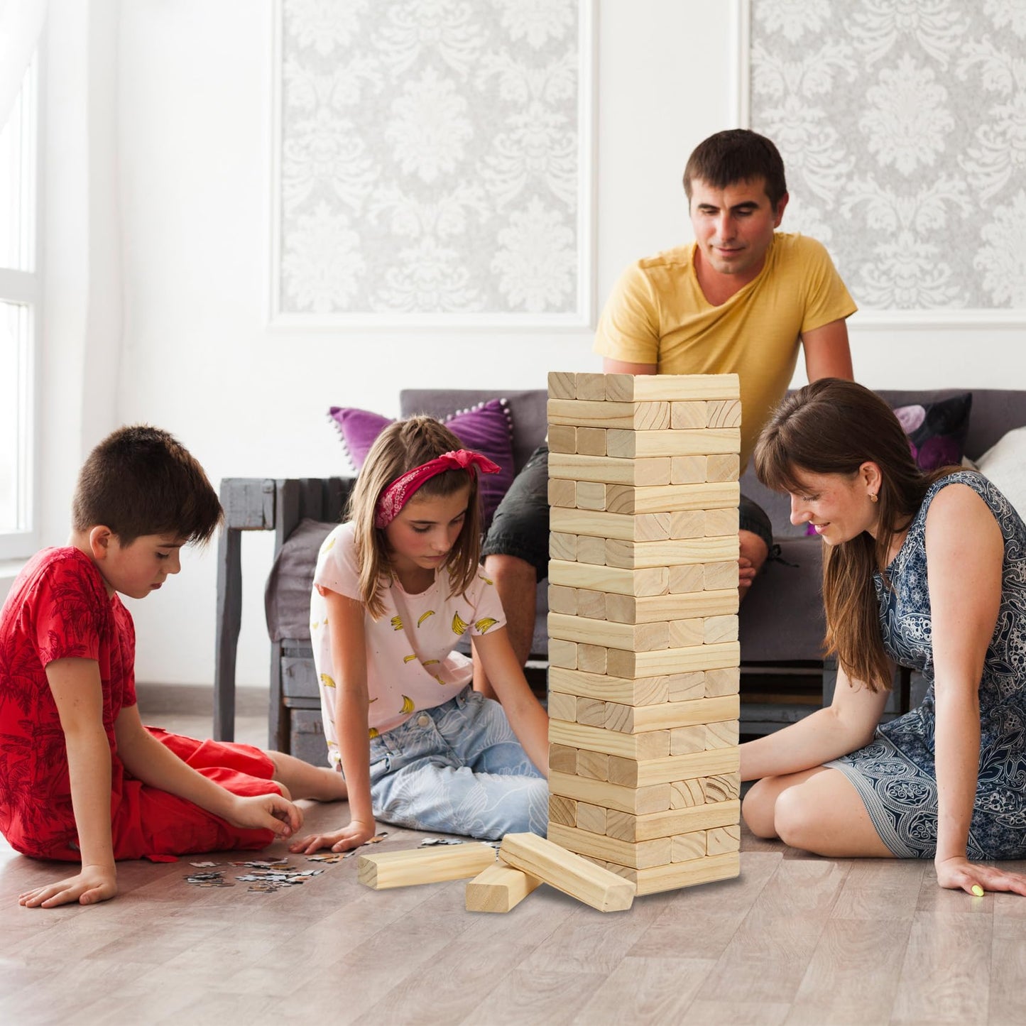 Olsa Giant Tumble Tower 57pcs Wooden Block Game - Indoor & Outdoor Family Fun (Up to 4.2 ft)