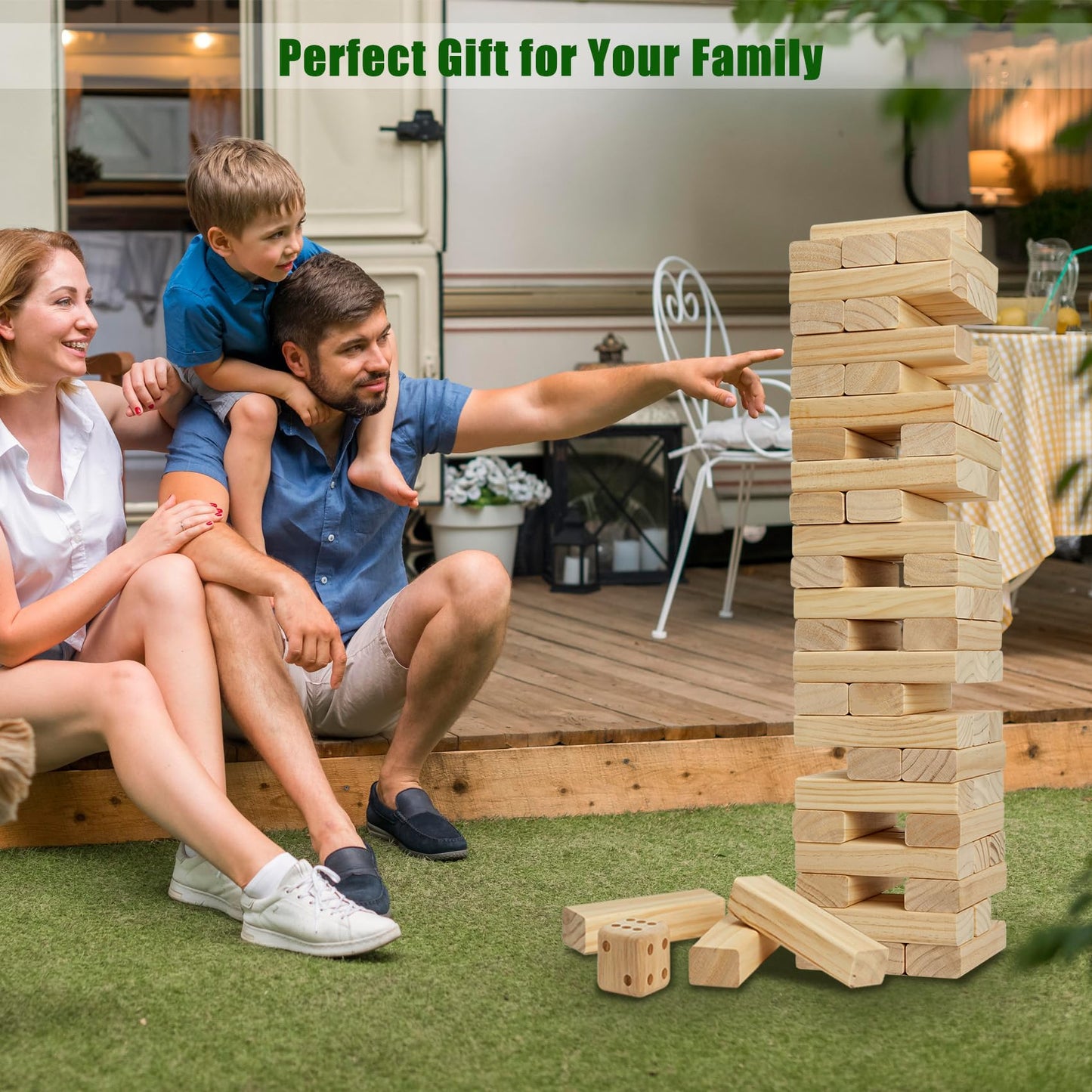 Olsa Giant Tumble Tower 57pcs Wooden Block Game - Indoor & Outdoor Family Fun (Up to 4.2 ft)