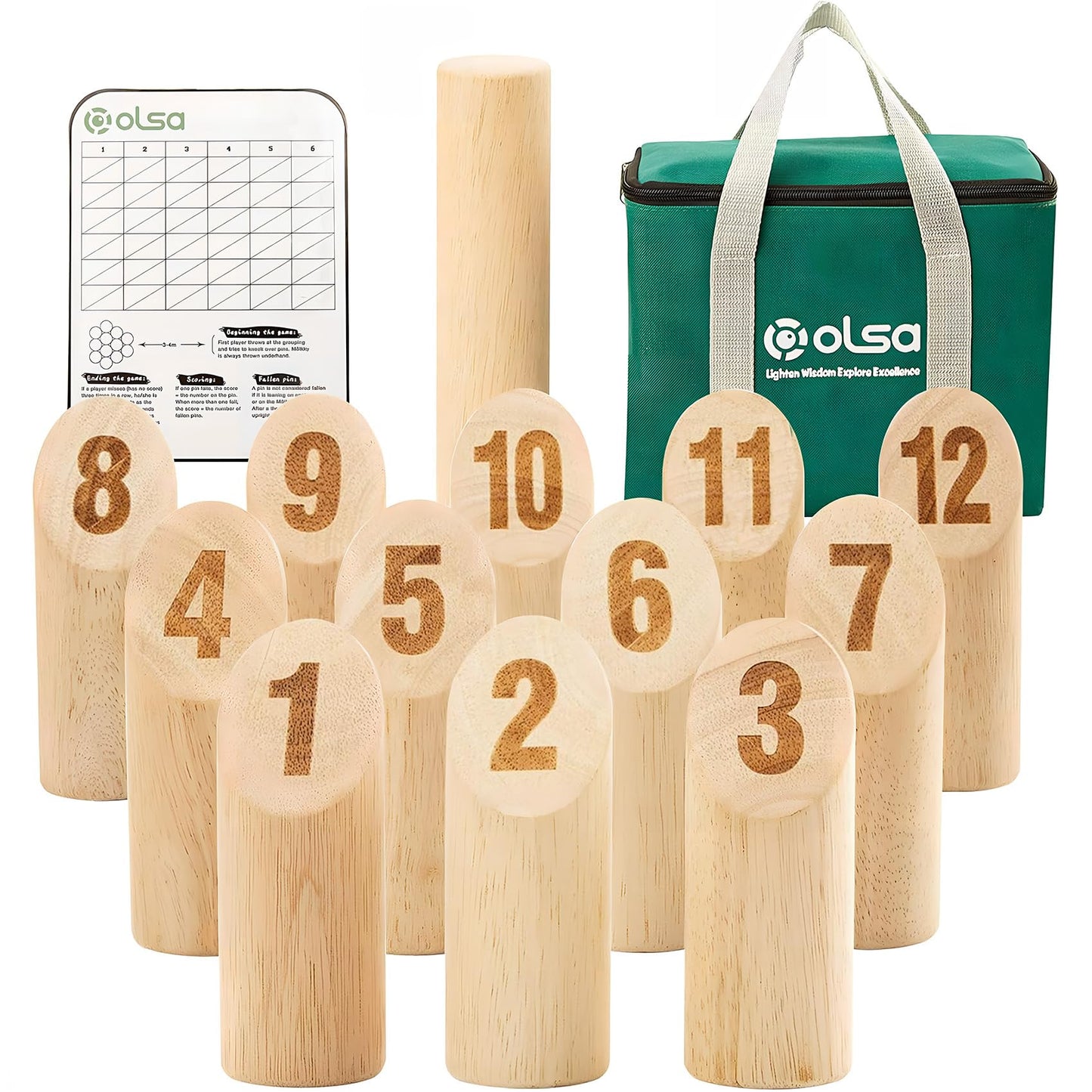 OLSA Wooden Throwing Game Set – Outdoor Scoreboard, Carry Bag & 12 Pins for Backyard Fun