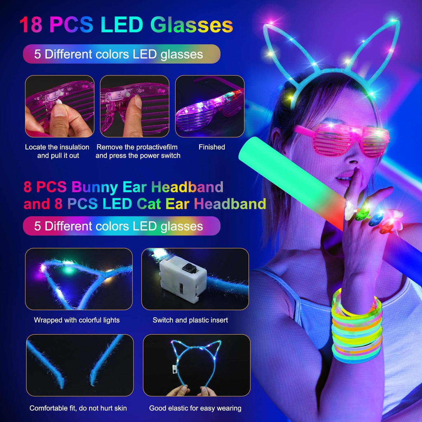 OLUPP 282 PCS Glow in the Dark Party Supplies — LED Glasses, Foam Sticks & Headbands