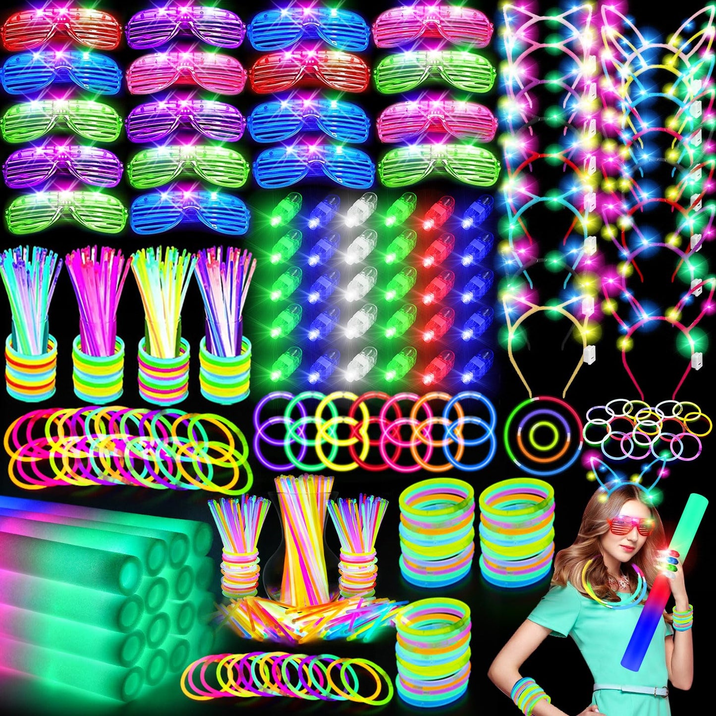 OLUPP 282 PCS Glow in the Dark Party Supplies — LED Glasses, Foam Sticks & Headbands