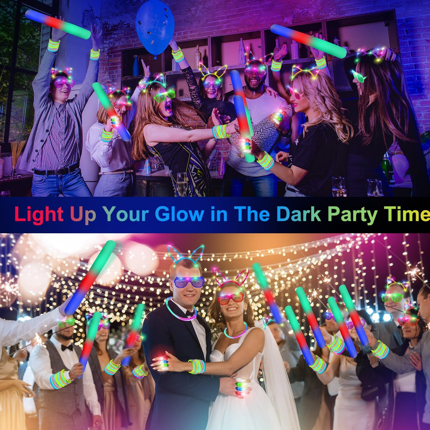 OLUPP 282 PCS Glow in the Dark Party Supplies — LED Glasses, Foam Sticks & Headbands