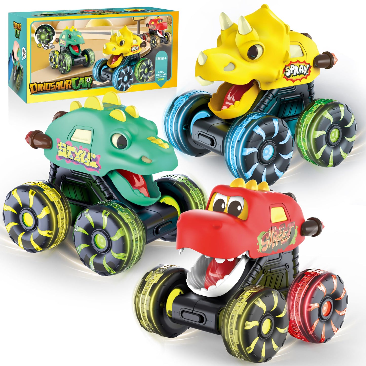 OMAKCOO 3 Pack Dinosaur Monster Truck Toys with LED Wheels for Toddlers