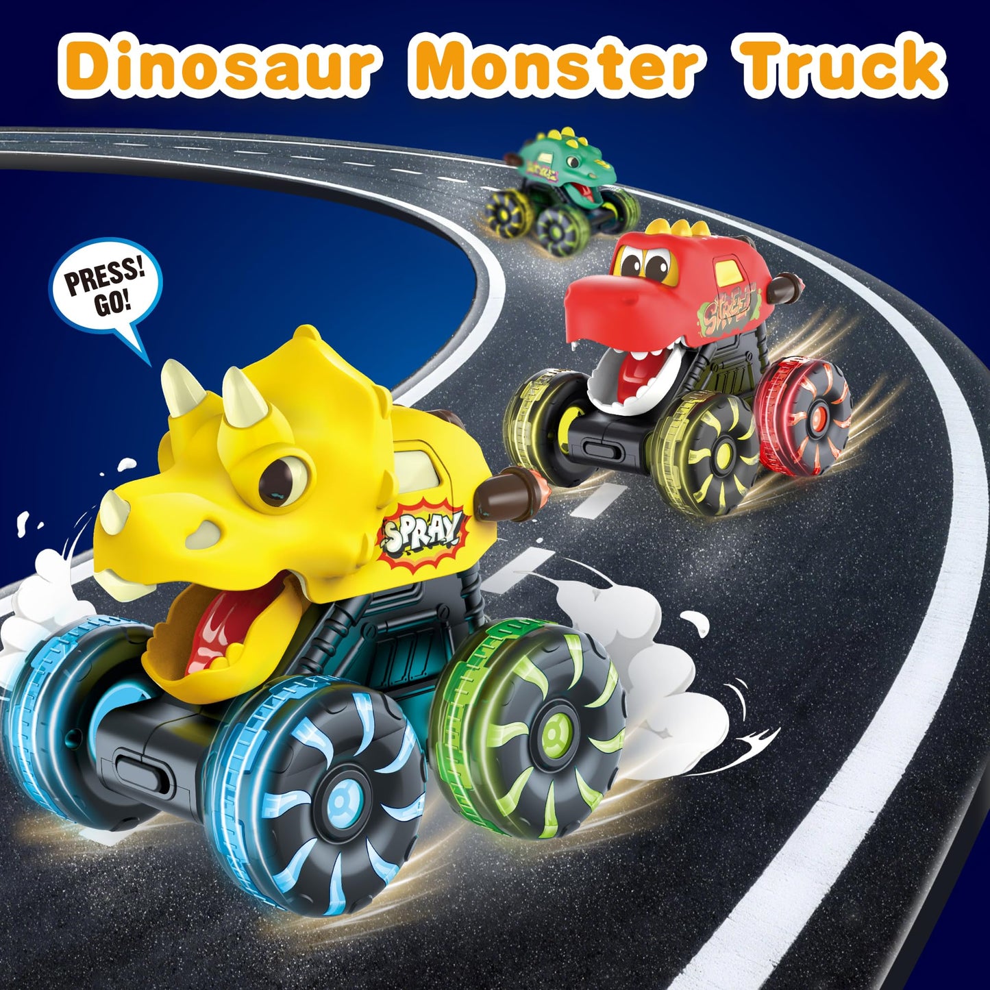 OMAKCOO 3 Pack Dinosaur Monster Truck Toys with LED Wheels for Toddlers