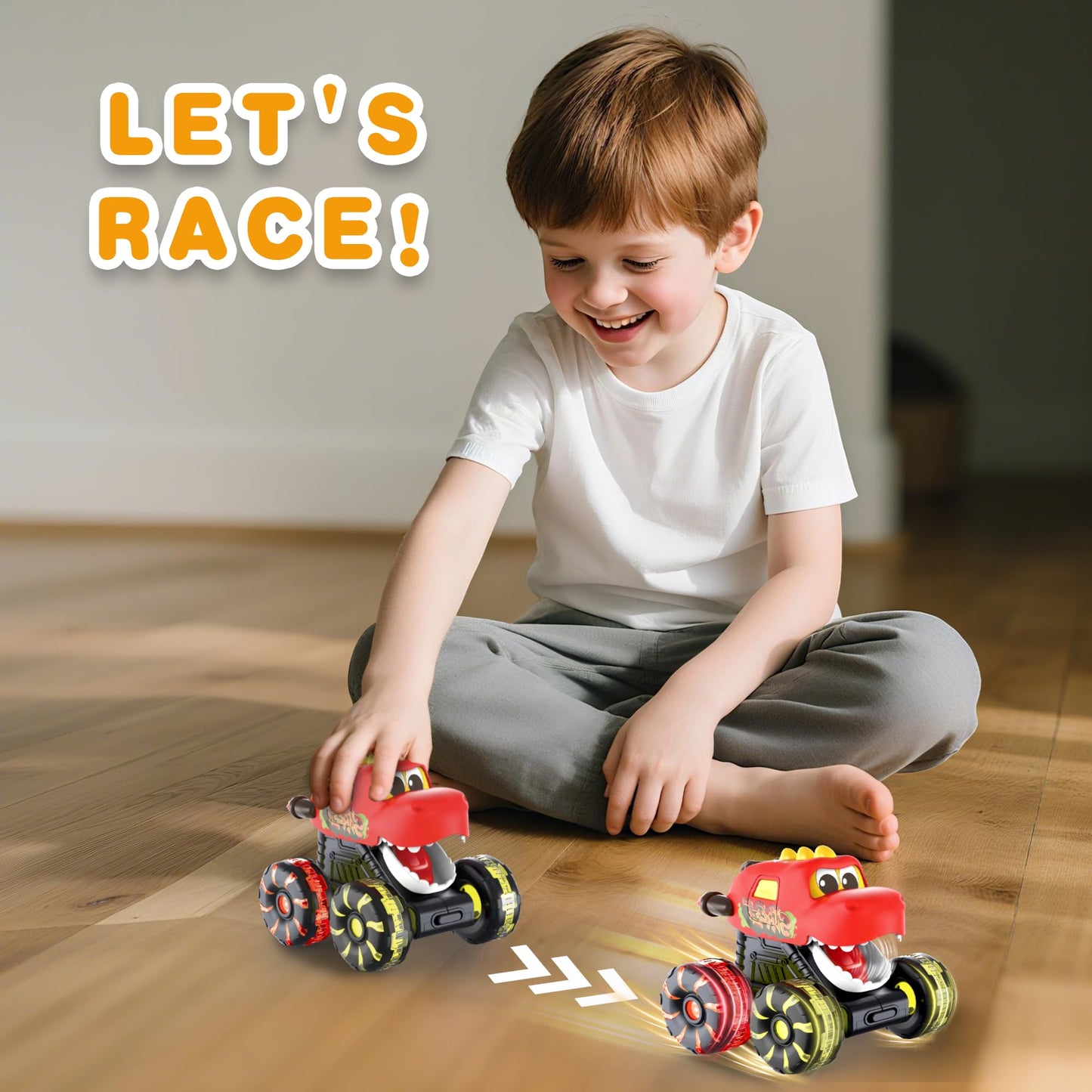 OMAKCOO 3 Pack Dinosaur Monster Truck Toys with LED Wheels for Toddlers