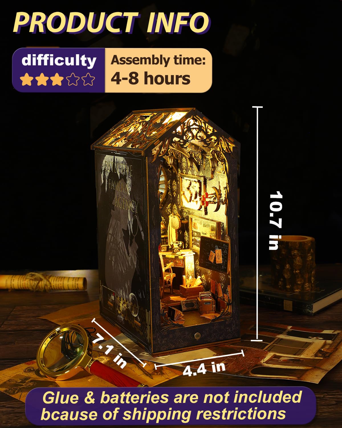 OMEPEA DIY Book Nook Kit Decor with LED – 3D Wooden Puzzle & Detective Diorama