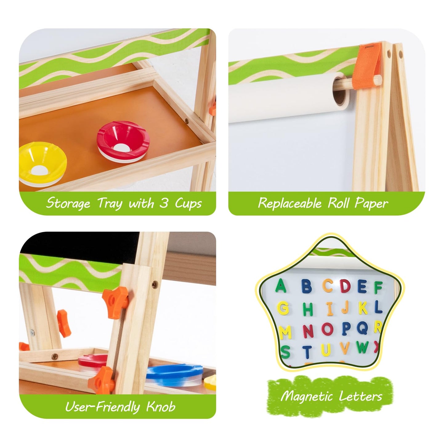 OMOTIYA Kids Easel 3-1: Adjustable Wooden Art Easel with Double-Sided Whiteboard & Chalkboard + Paper Roll (Ages 3–8)