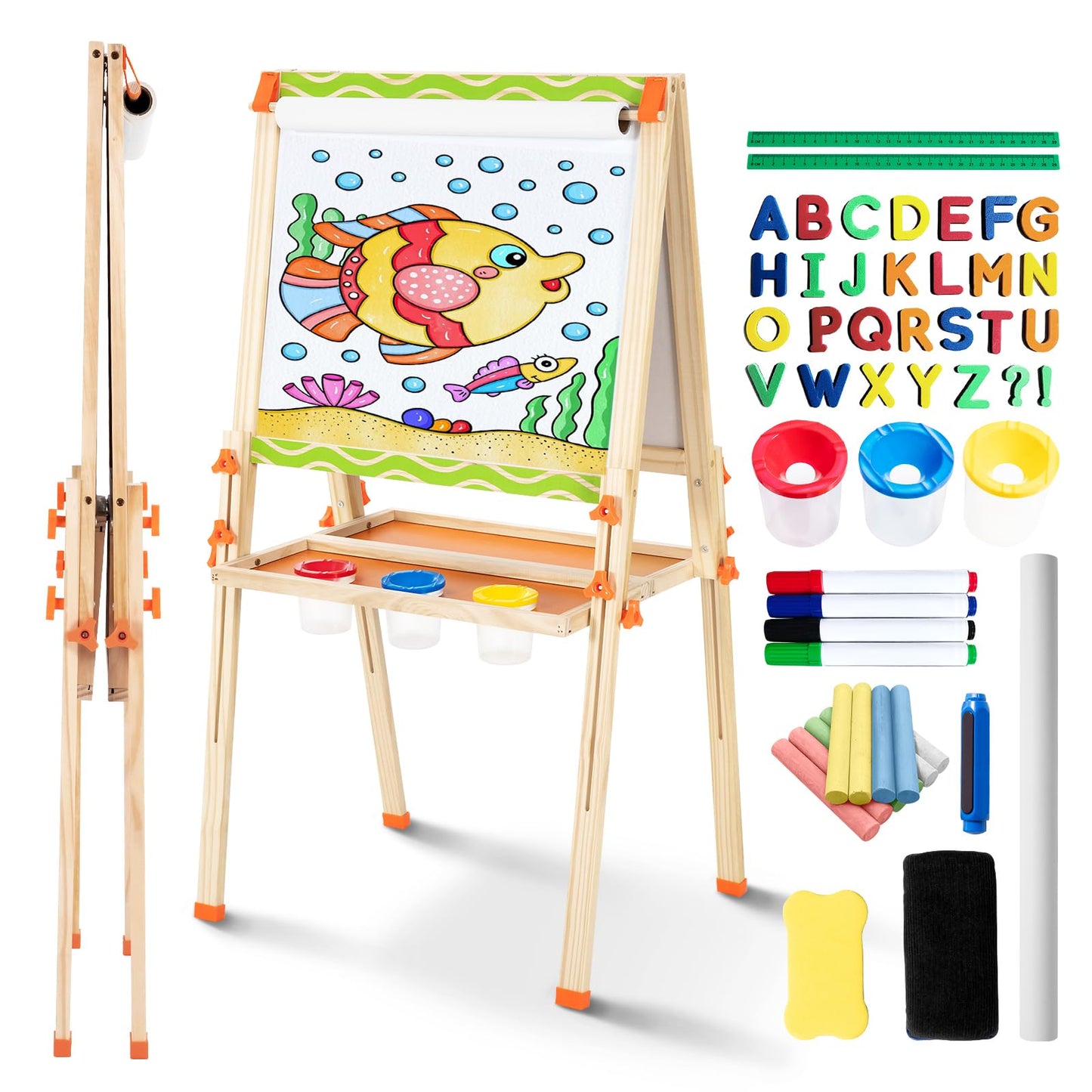 OMOTIYA Kids Easel 3-1: Adjustable Wooden Art Easel with Double-Sided Whiteboard & Chalkboard + Paper Roll (Ages 3–8)