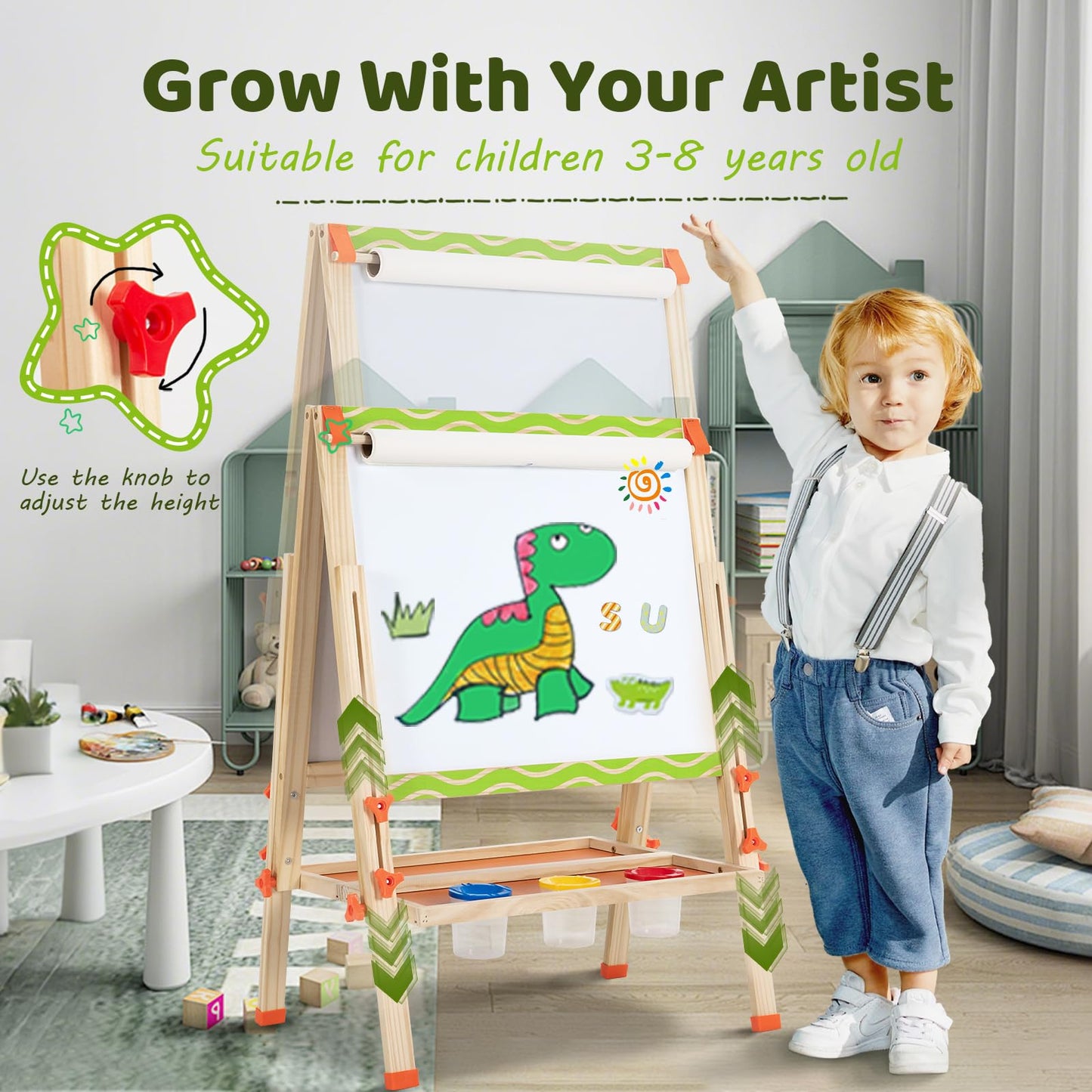 OMOTIYA Kids Easel 3-1: Adjustable Wooden Art Easel with Double-Sided Whiteboard & Chalkboard + Paper Roll (Ages 3–8)