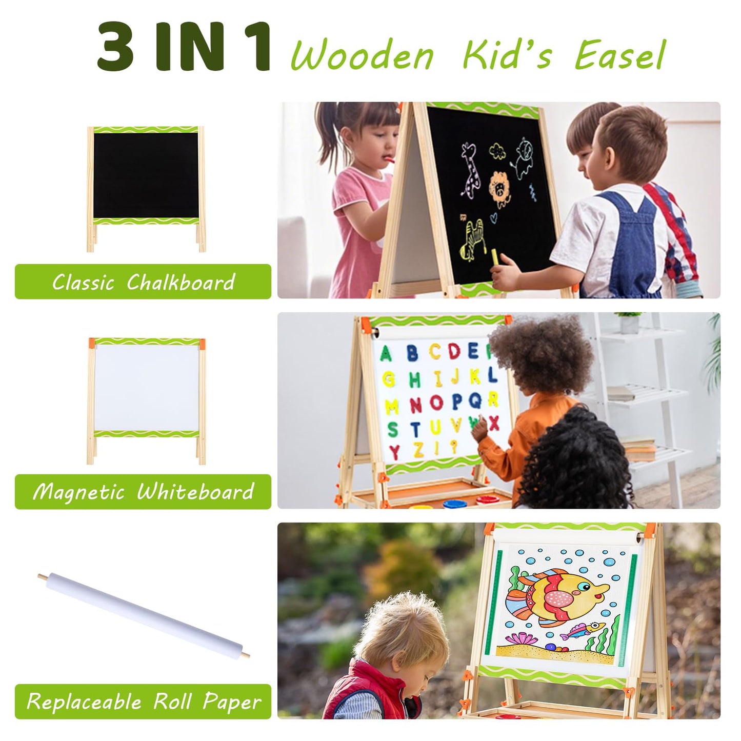 OMOTIYA Kids Easel 3-1: Adjustable Wooden Art Easel with Double-Sided Whiteboard & Chalkboard + Paper Roll (Ages 3–8)