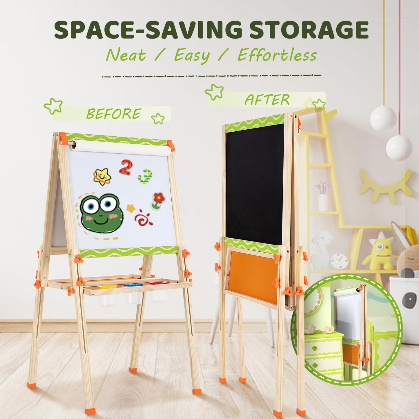 OMOTIYA Kids Easel 3-1: Adjustable Wooden Art Easel with Double-Sided Whiteboard & Chalkboard + Paper Roll (Ages 3–8)