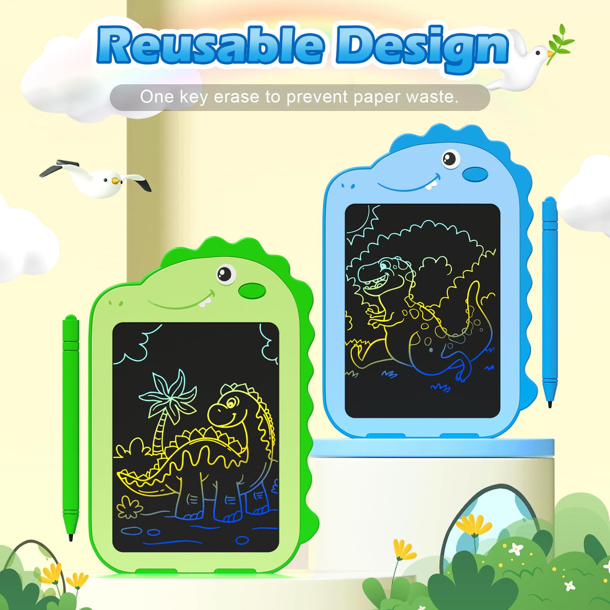 OMXDG 2 Pack LCD Writing Tablet for Kids – 6.5-Inch Dinosaur Doodle Boards