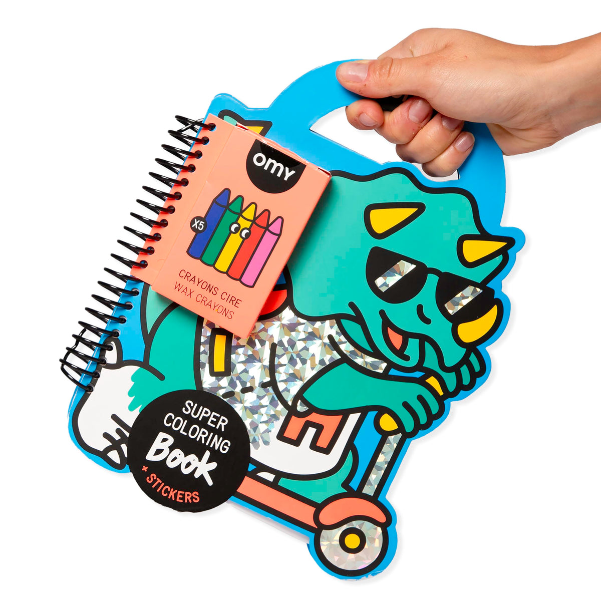 Omy Dinosaurs Super Coloring Book | 35 Pages, 2 Sticker Sheets, 5 Wax Crayons | Creative Play for Kids 3+