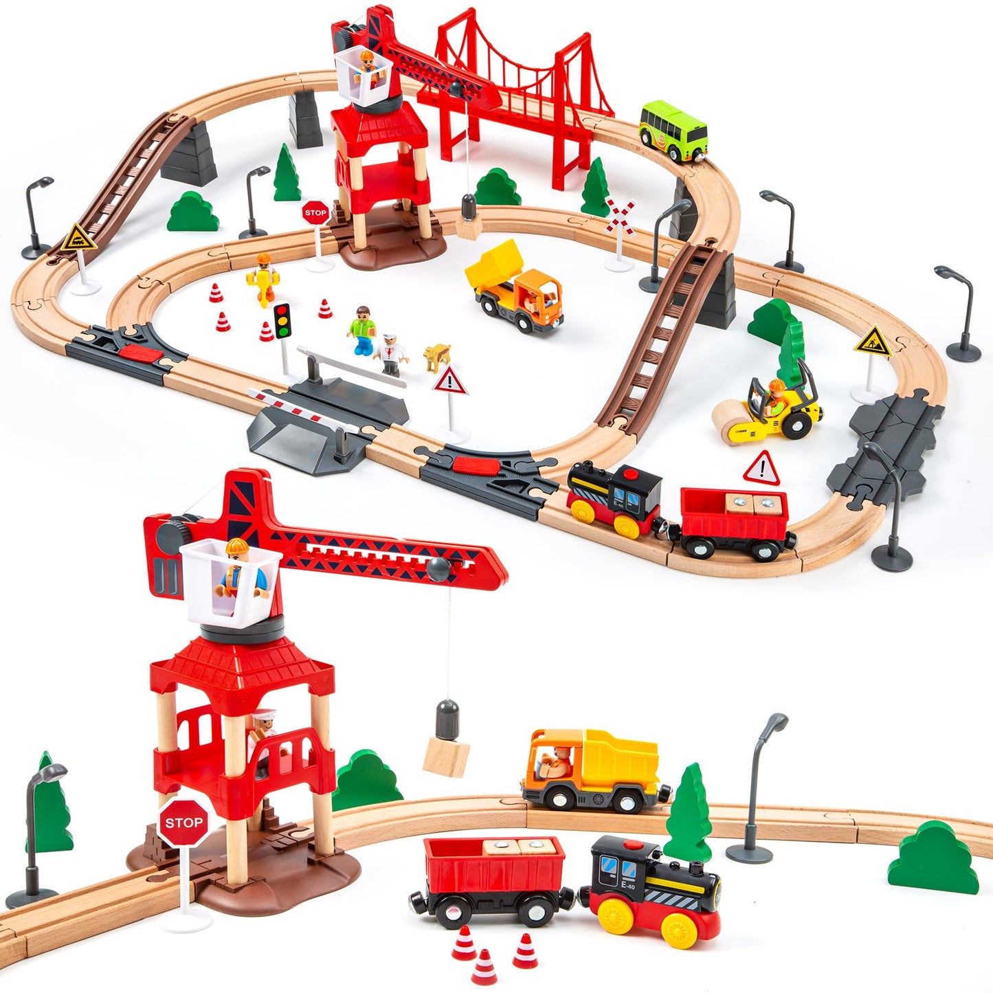 OMYbaby 86pcs Wooden Train Set with Crane – 6 Layouts, Compatible with Major Brands