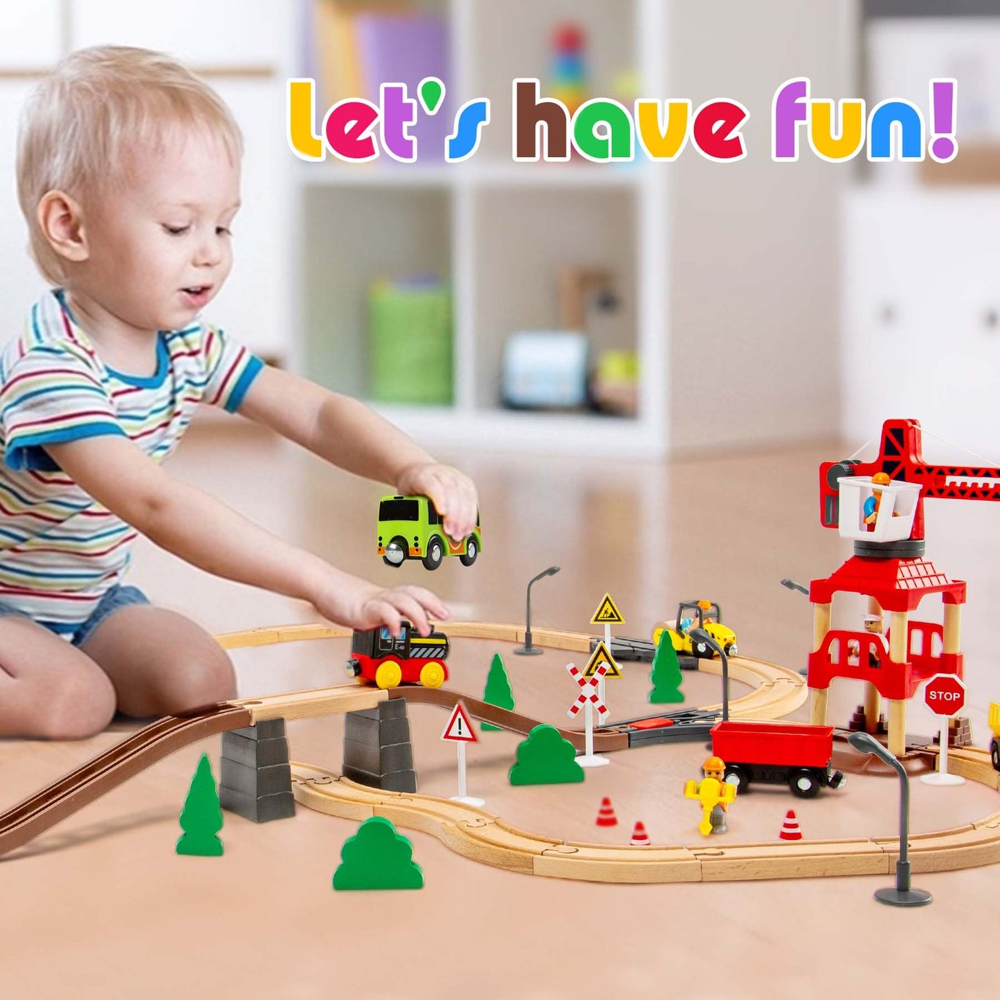OMYbaby 86pcs Wooden Train Set with Crane – 6 Layouts, Compatible with Major Brands