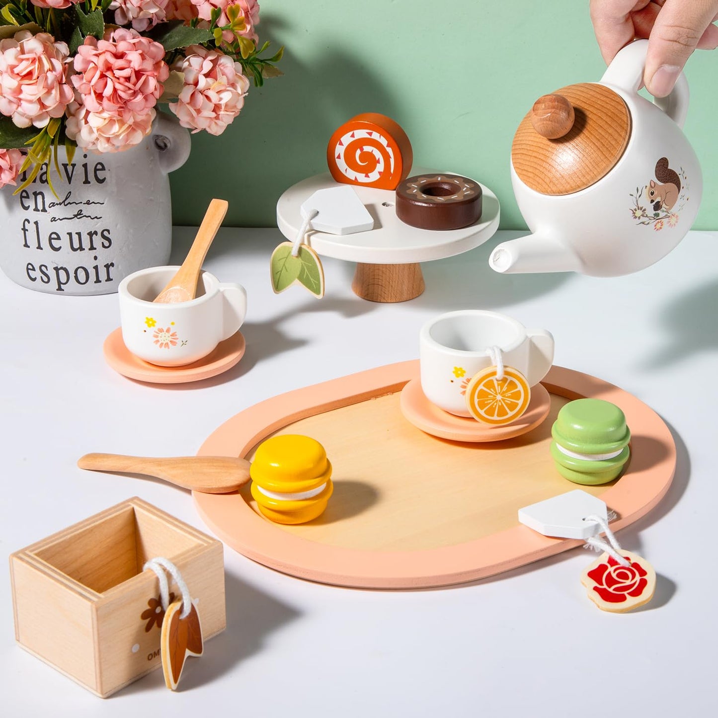 OMYbaby Wooden Tea Set – 19-Piece Pretend Play Kit for Girls, Ages 3+
