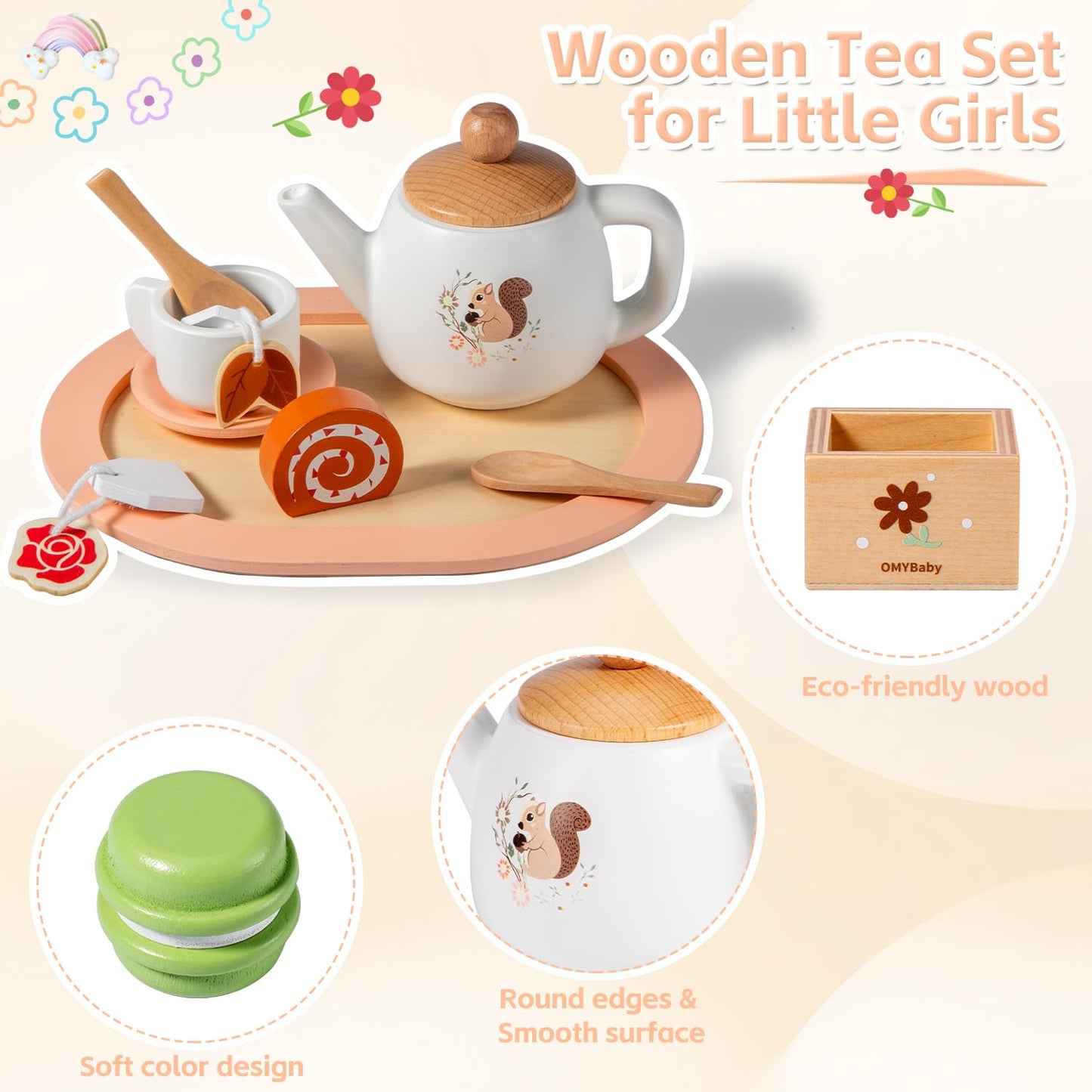 OMYbaby Wooden Tea Set – 19-Piece Pretend Play Kit for Girls, Ages 3+