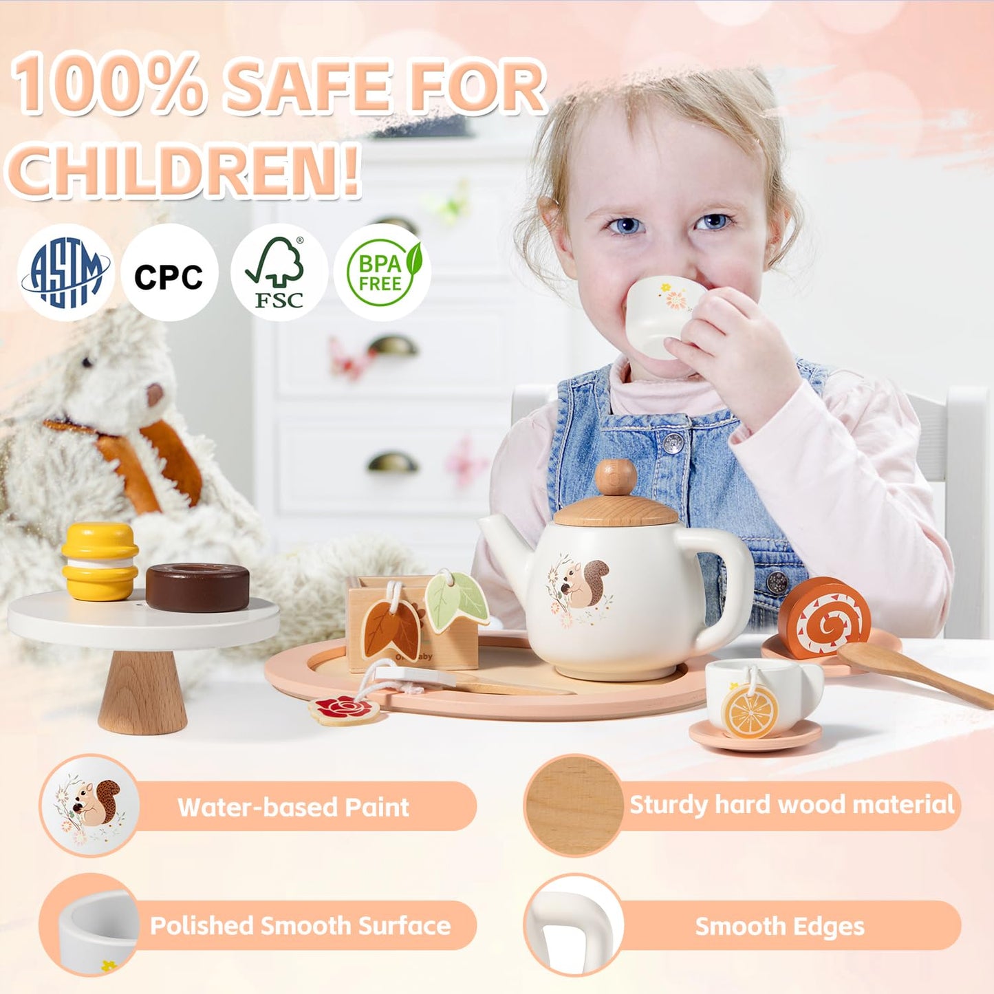OMYbaby Wooden Tea Set – 19-Piece Pretend Play Kit for Girls, Ages 3+